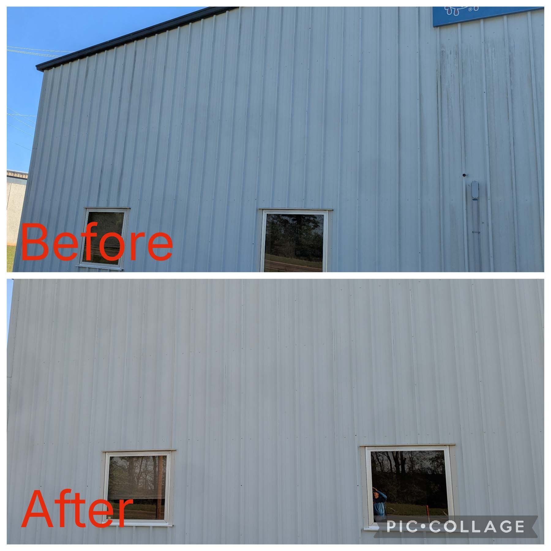 Before-and-after of a blue metal building painted from blue to light gray, with windows visible.