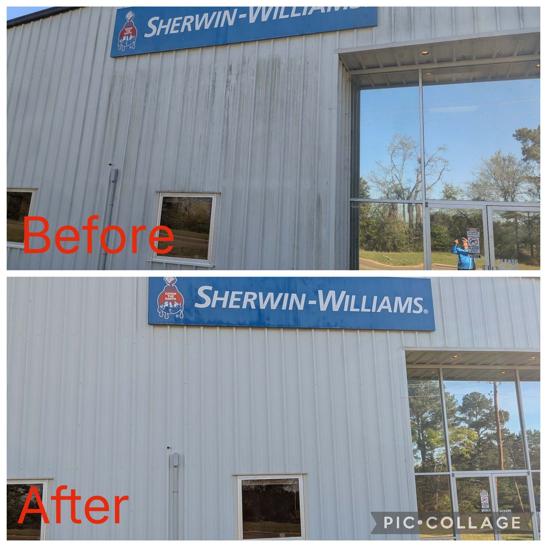 Before-and-after of a Sherwin-Williams building exterior, showing a cleaned lower wall and window area.