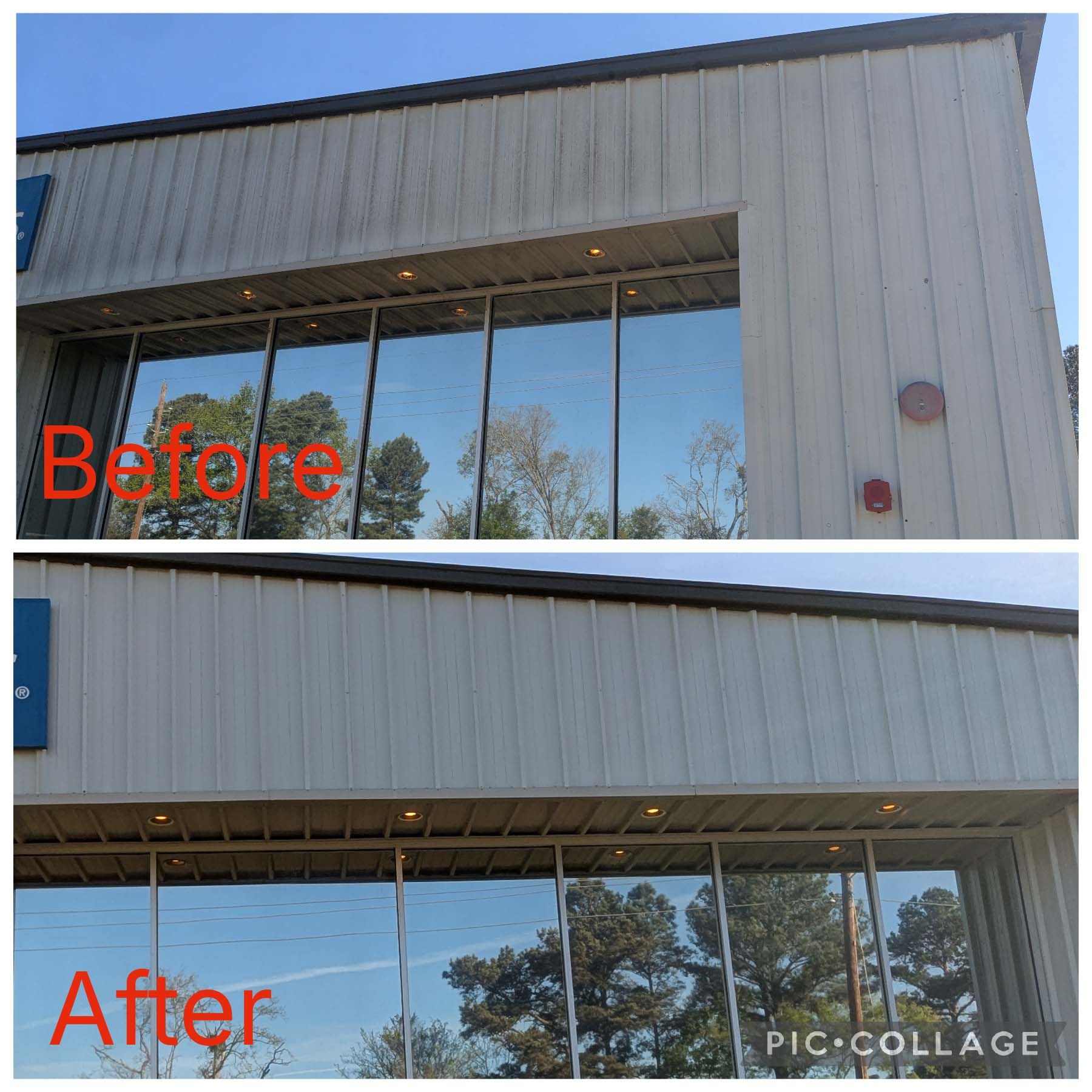 Before-and-after storefront exterior showing a cleaner white awning and facade.