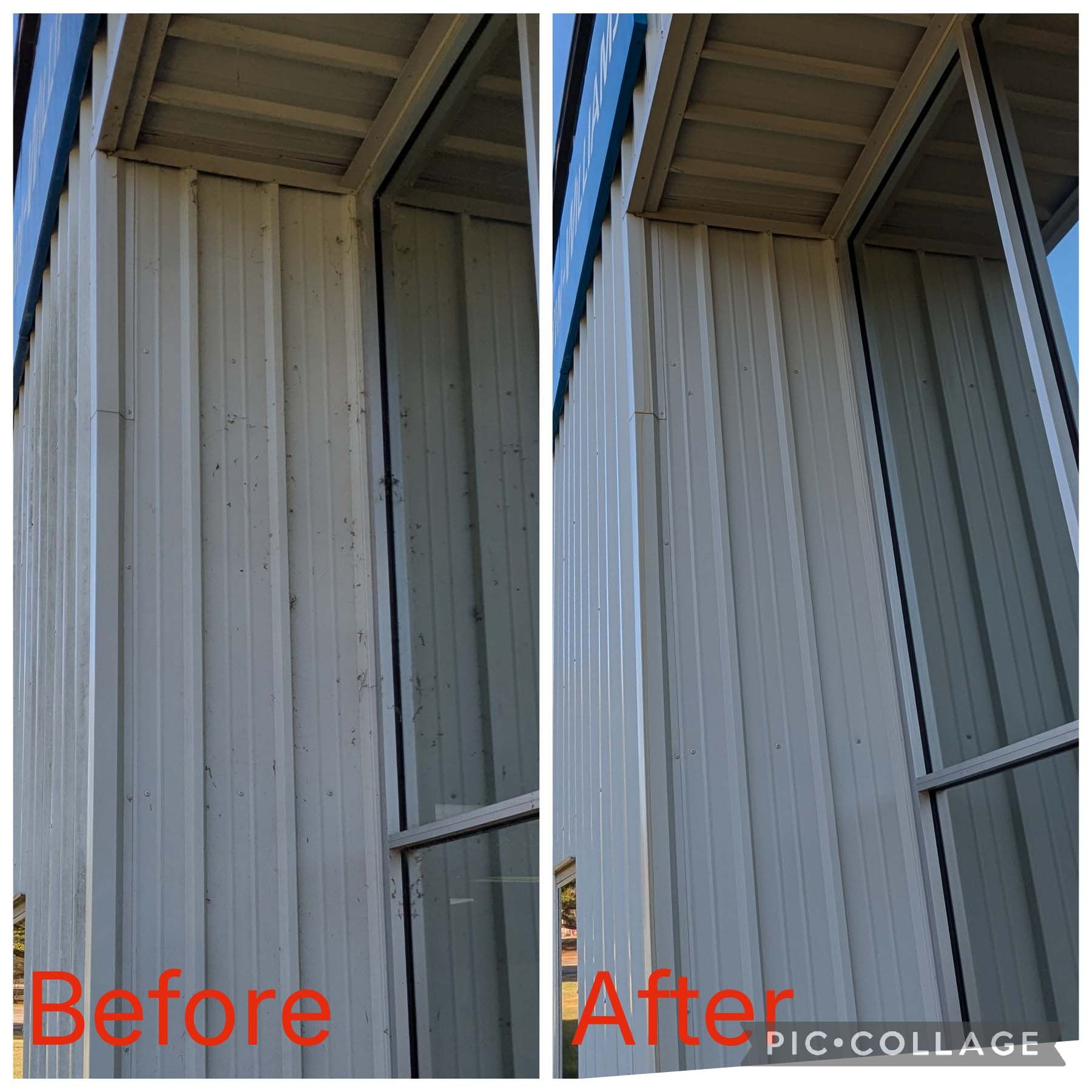 Split-view before-and-after of a building wall and window trim, showing a cleaner, brighter finish.