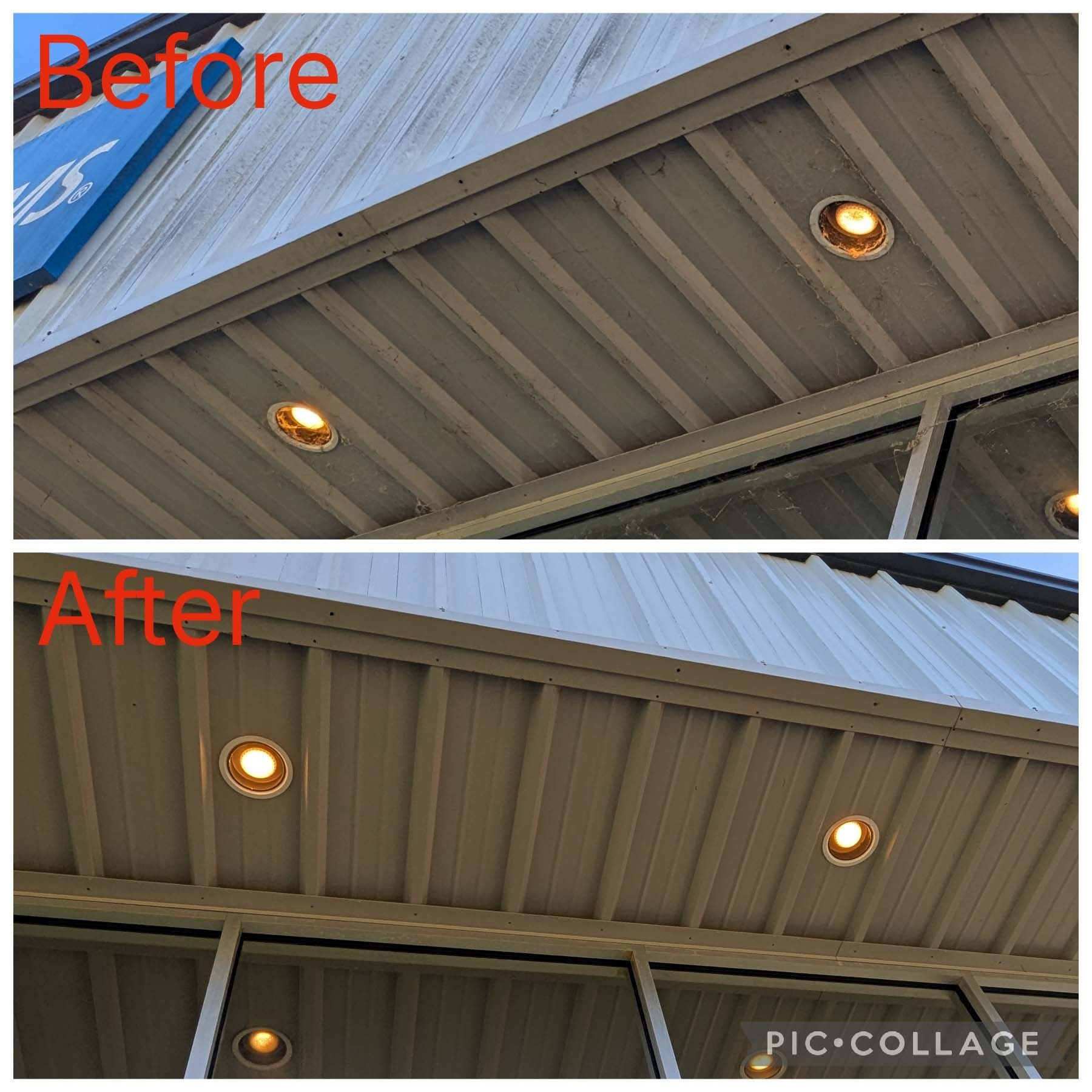 Before-and-after of a porch ceiling with recessed lights, showing a brighter finished look after repainting.