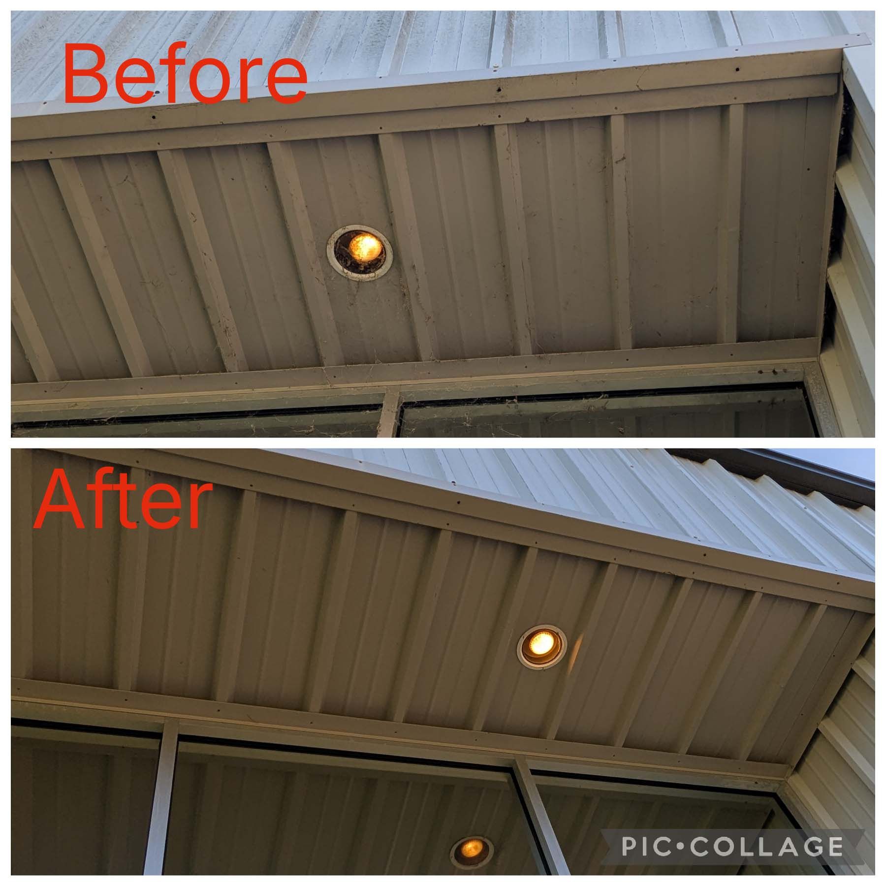 Before-and-after of a brown porch ceiling with recessed lights, showing an improved finish.