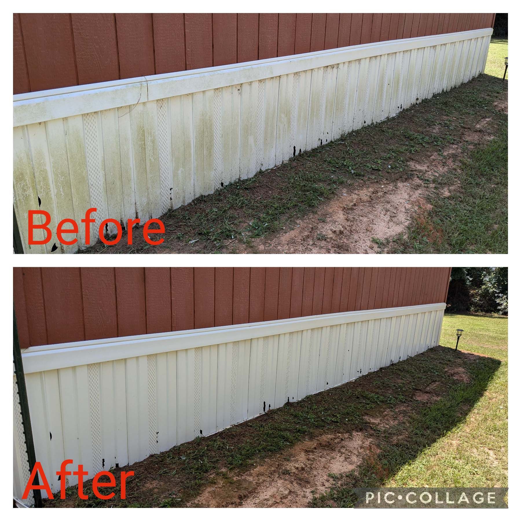 Before-and-after of a white fence and skirting cleaned from dirty to bright white.