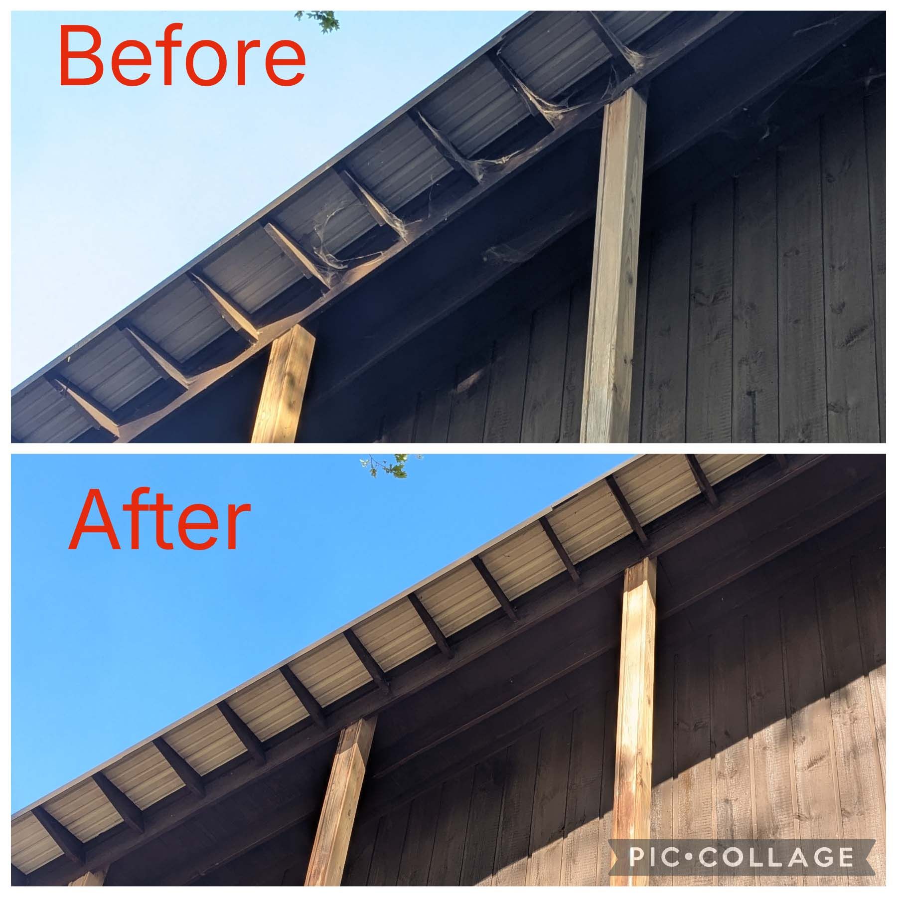 Before-and-after of a roof and wooden posts, showing a cleaner, brighter exterior after restoration.