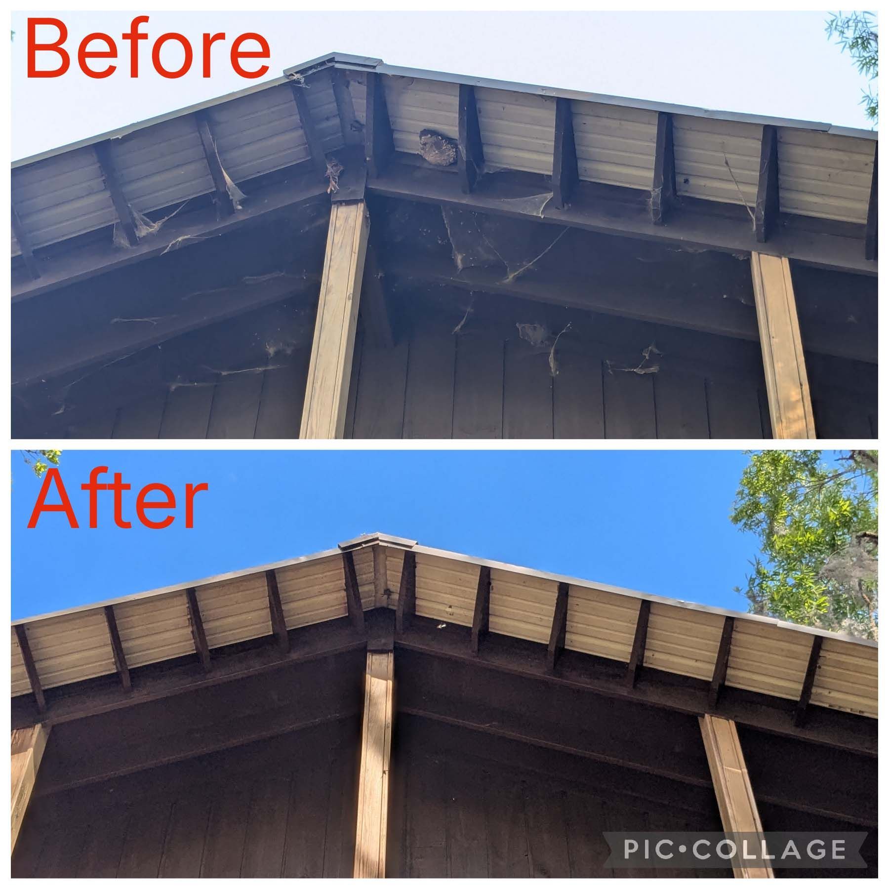 Before-and-after of a house roof repair, showing damaged roof replaced with cleaner wooden soffits.