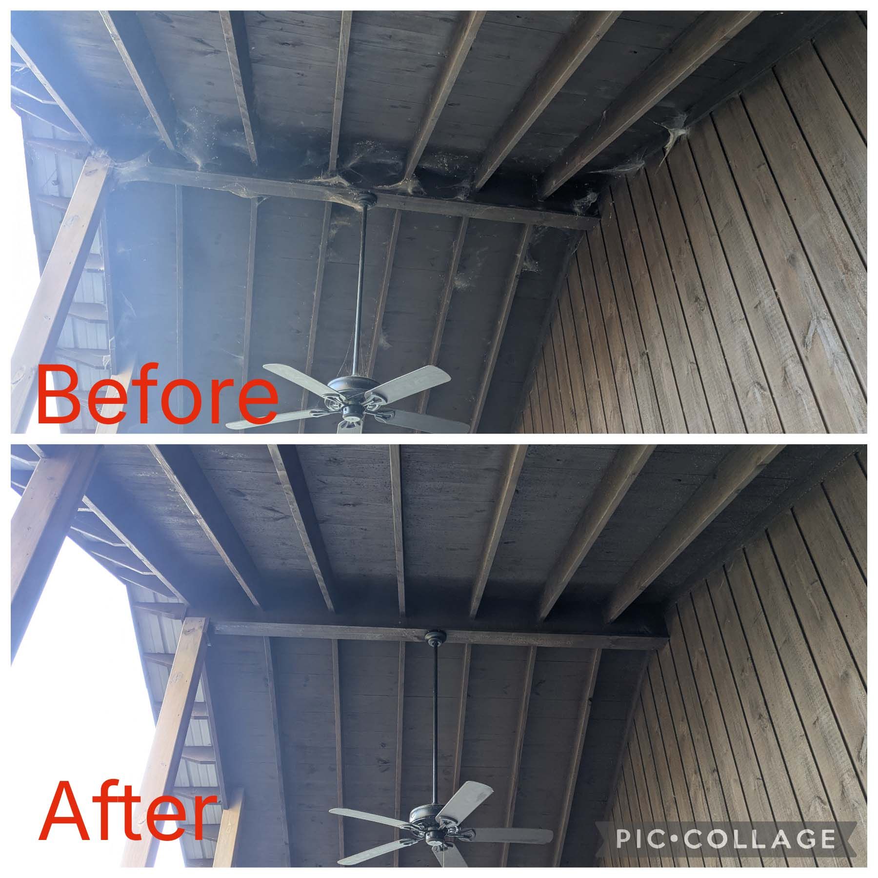 Before-and-after view of a covered porch ceiling with a fan, showing repaired beams and siding.