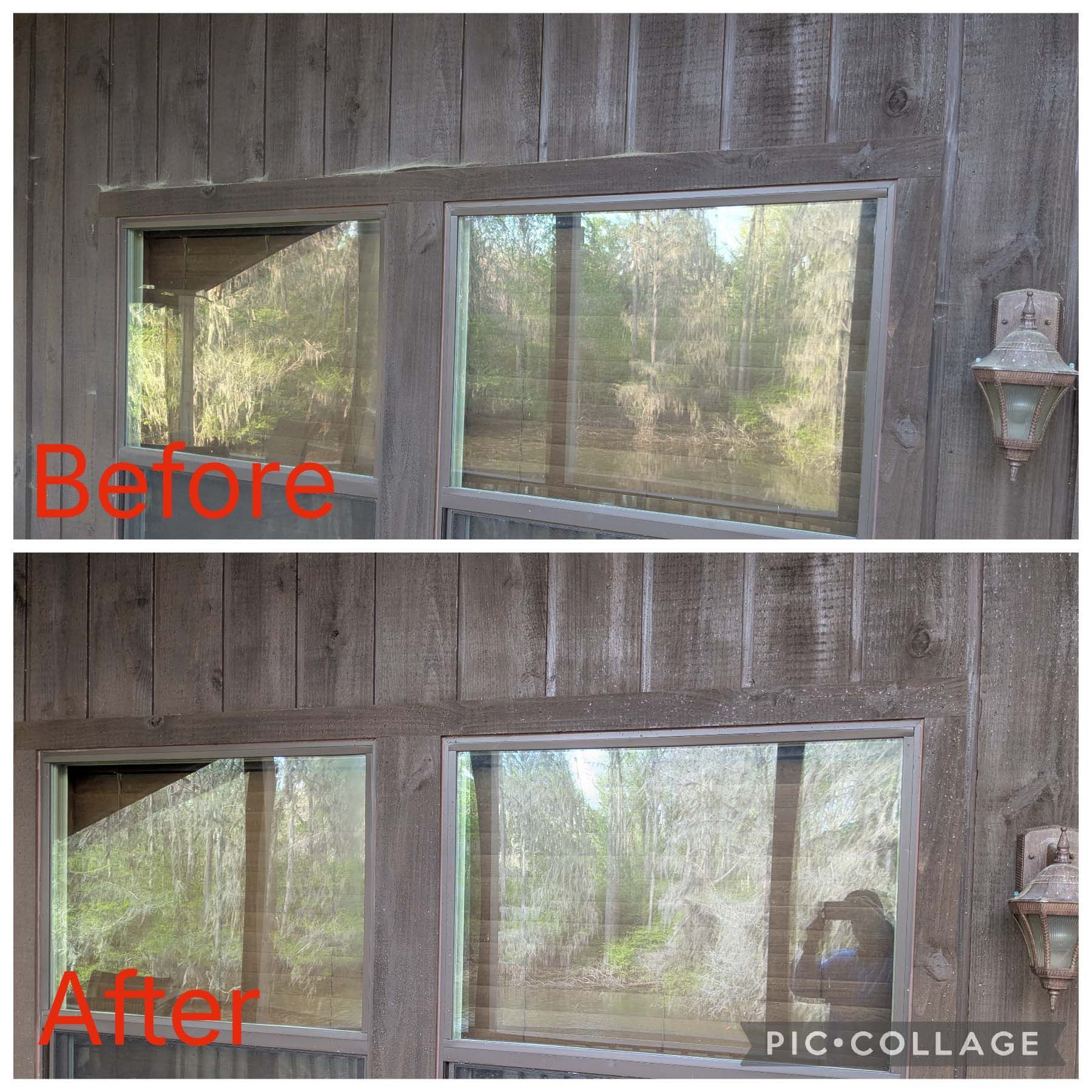 Before-and-after collage of a wooden wall with window panes changed from closed to open.