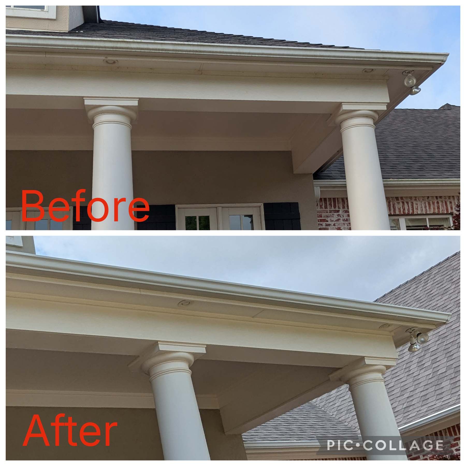Before-and-after of a house porch, showing a leaning column straightened on the right side.