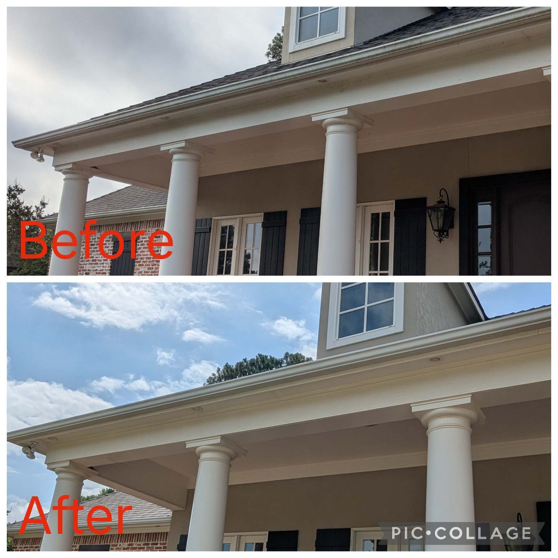Before-and-after porch repair: columns and ceiling repainted white, with brighter exterior trim.