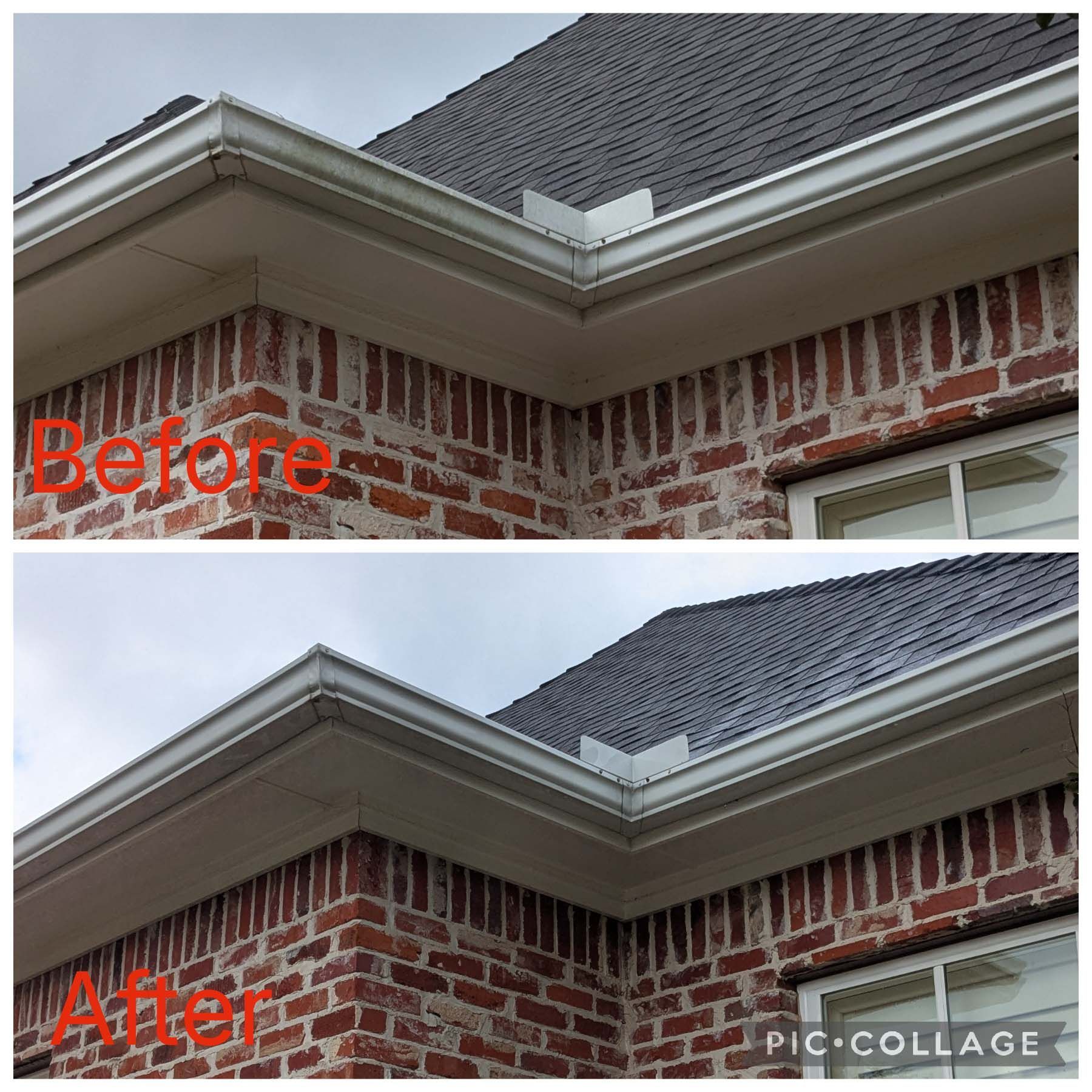 Before-and-after of a brick house roof edge repair under gray shingles and white trim