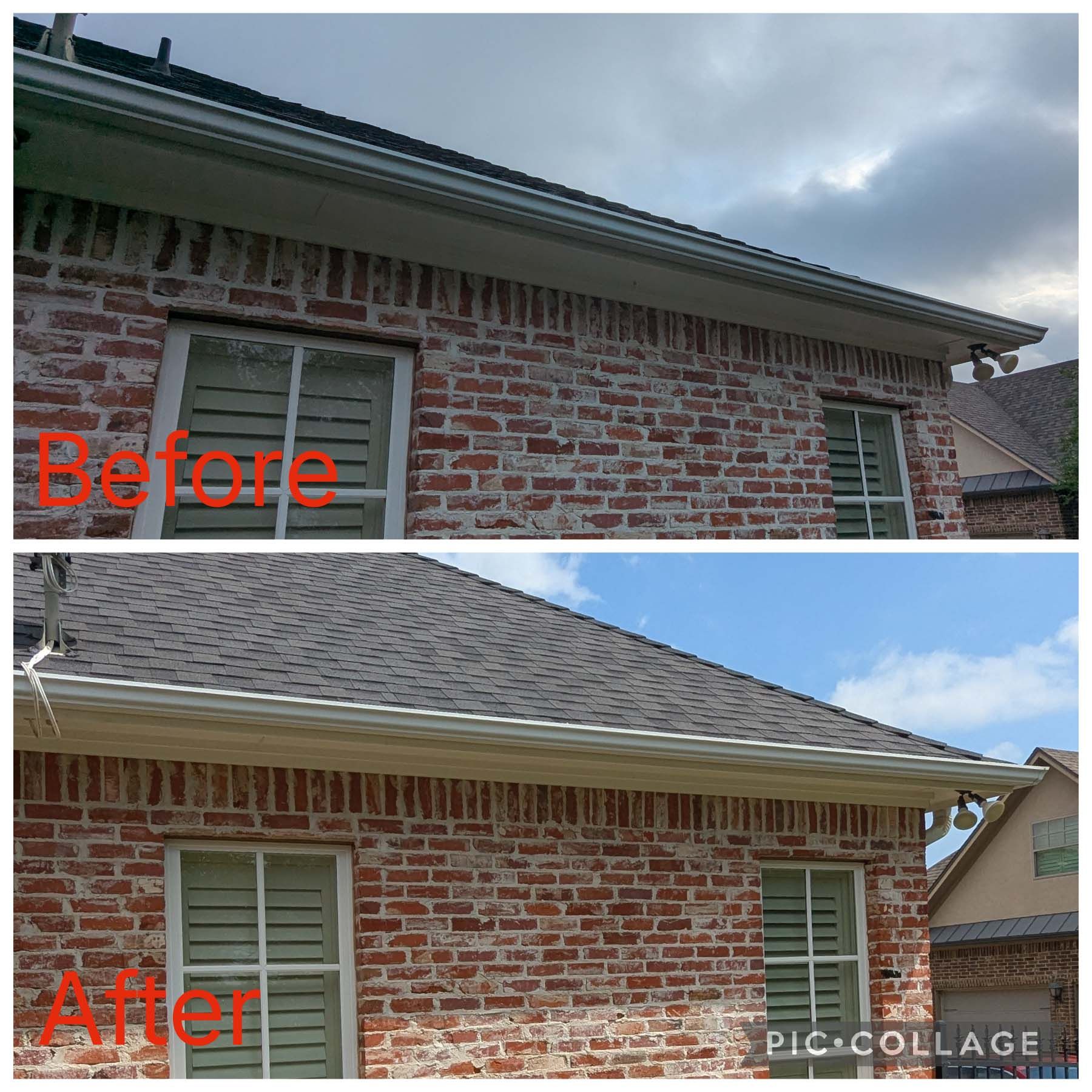 Before-and-after photo of a brick house roof and siding renovation under cloudy skies.