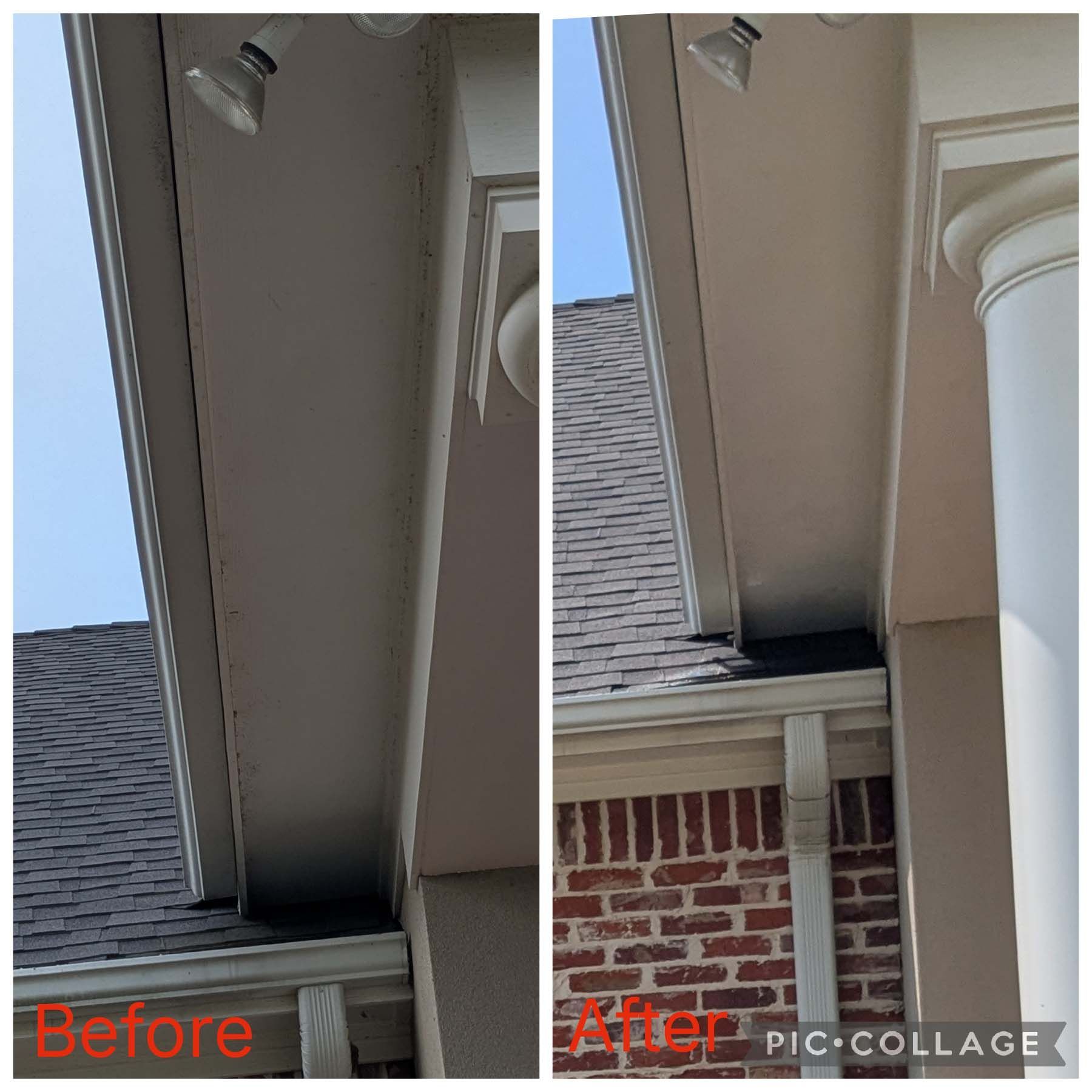 Before-and-after photos of a house eave repair, showing damaged trim fixed on the right.