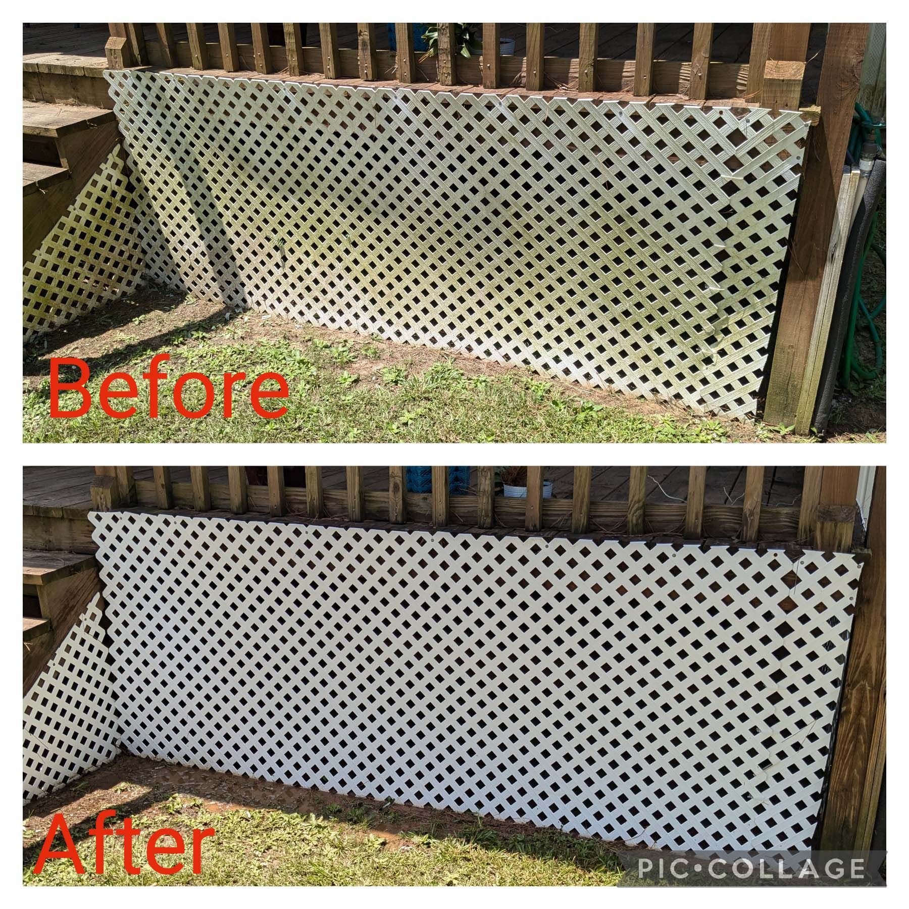 Before-and-after of a painted white lattice fence panel in a backyard.
