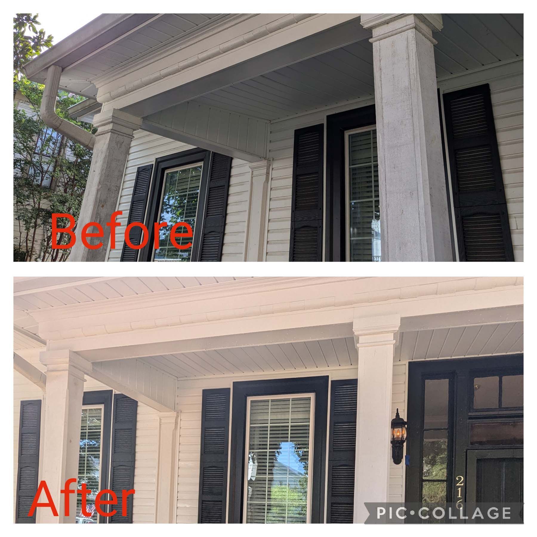 Before-and-after collage of a house porch with white columns repainted from worn gray to beige.