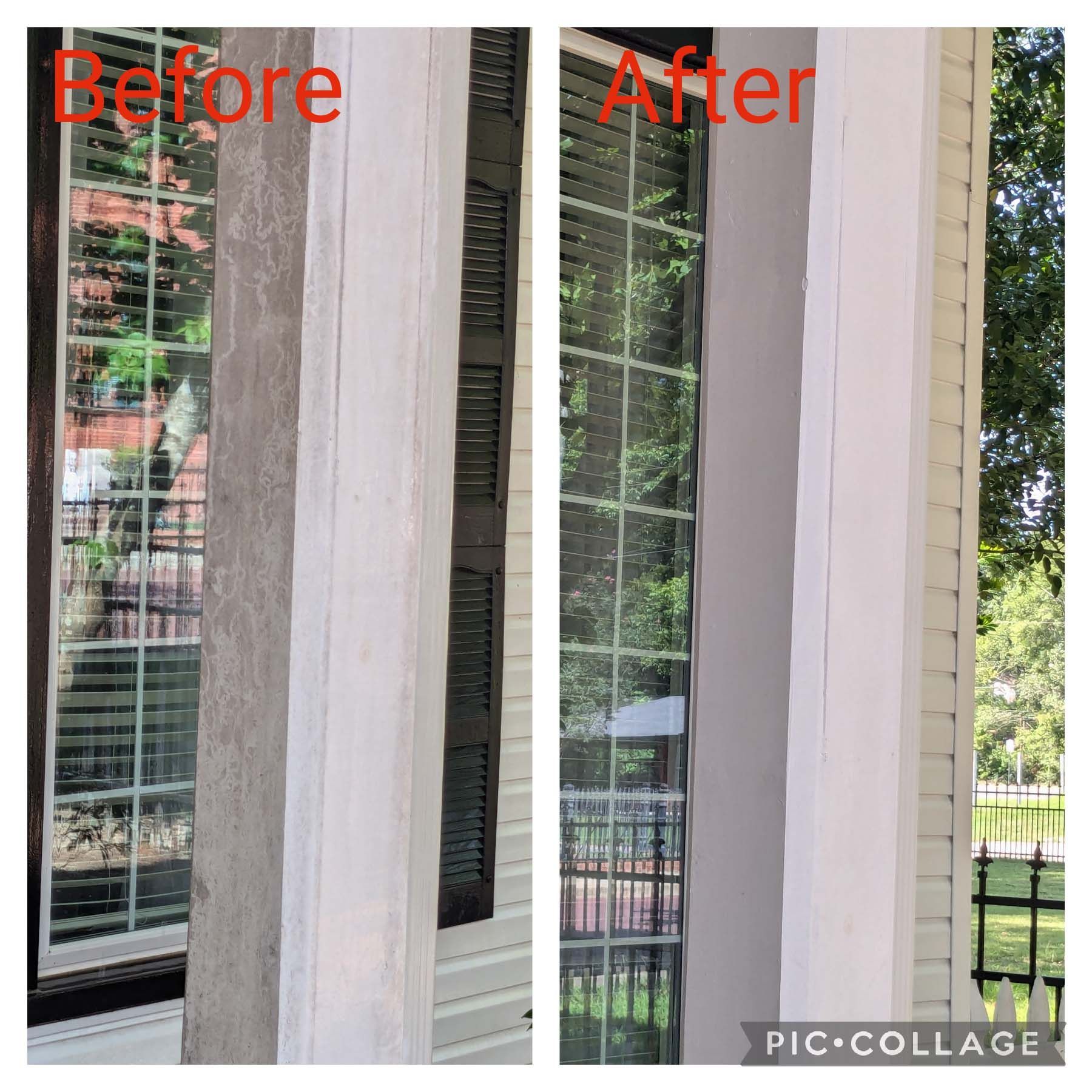Before-and-after view of a window frame repair beside a doorway, labeled “Before” and “After.”