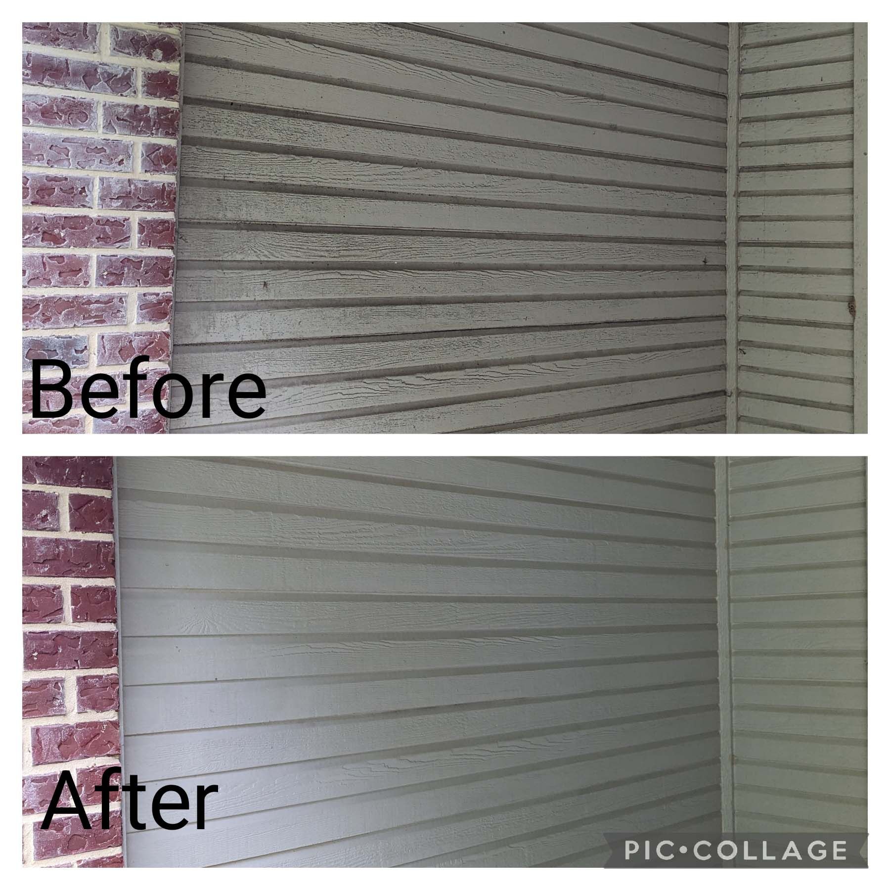 Before-and-after of a painted exterior wall, changing from dark, dirty siding to a clean light gray finish.