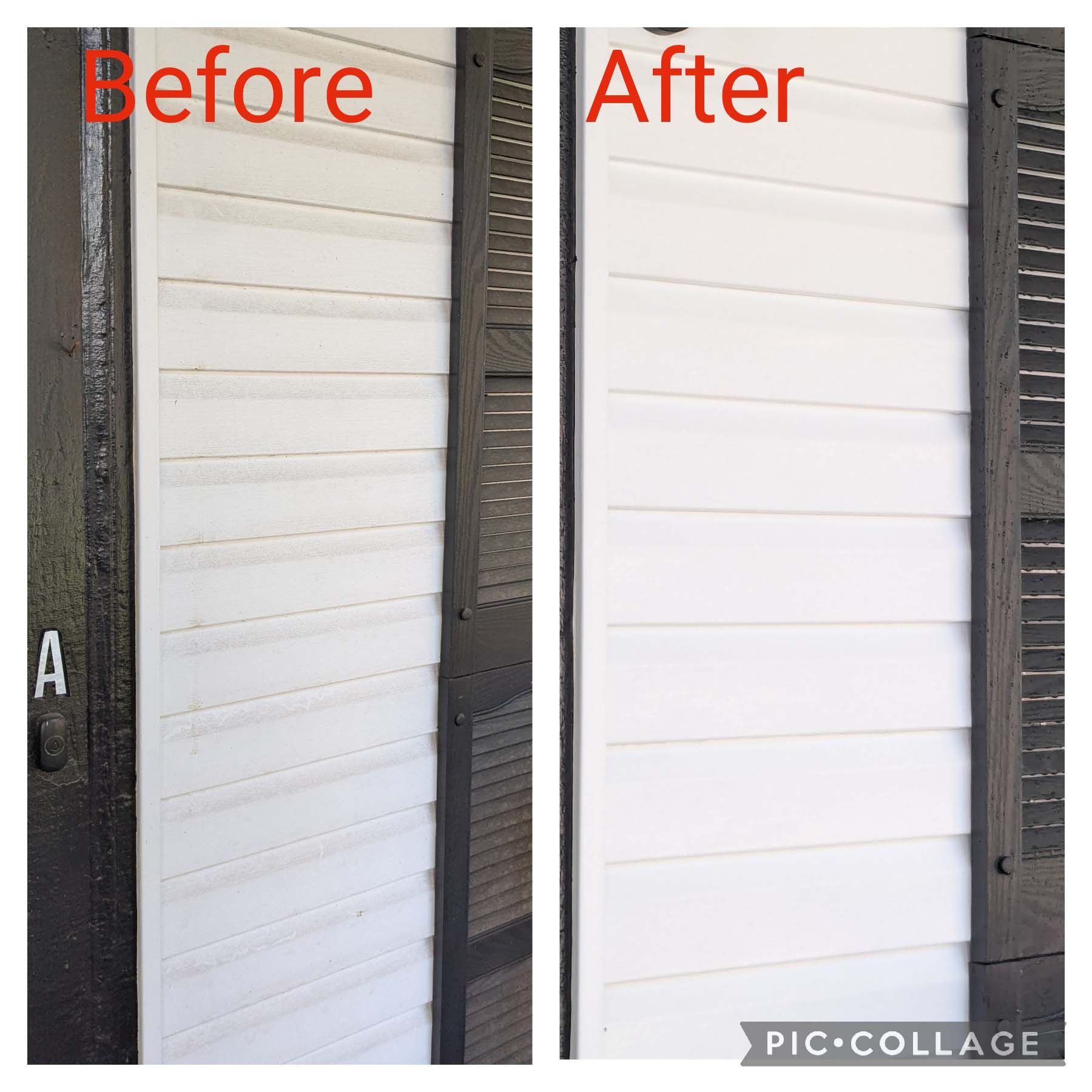 Before-and-after photo of a white front door cleaned from dirty to bright white