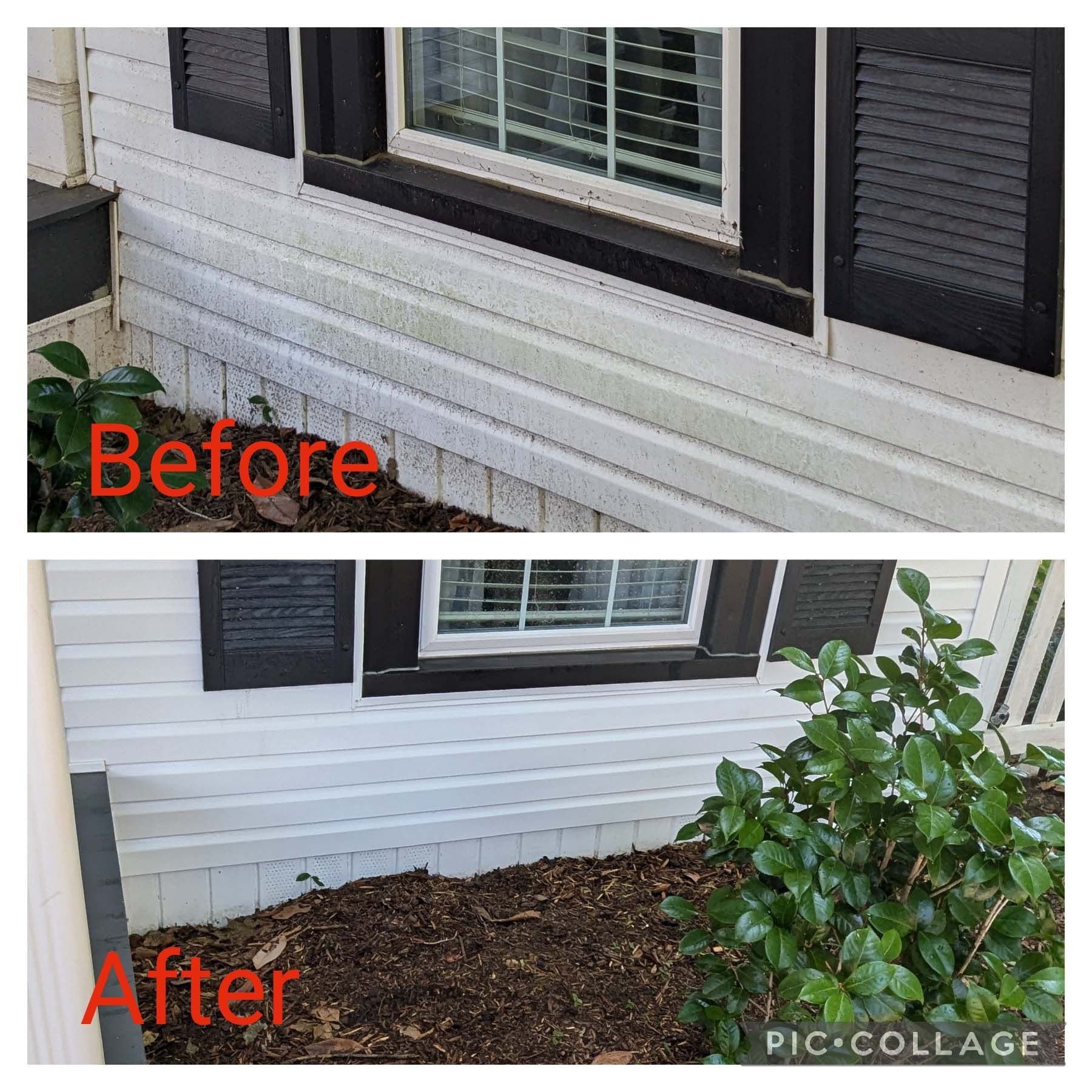Before-and-after view of white house siding and window trim, with fresh white paint in the lower image.