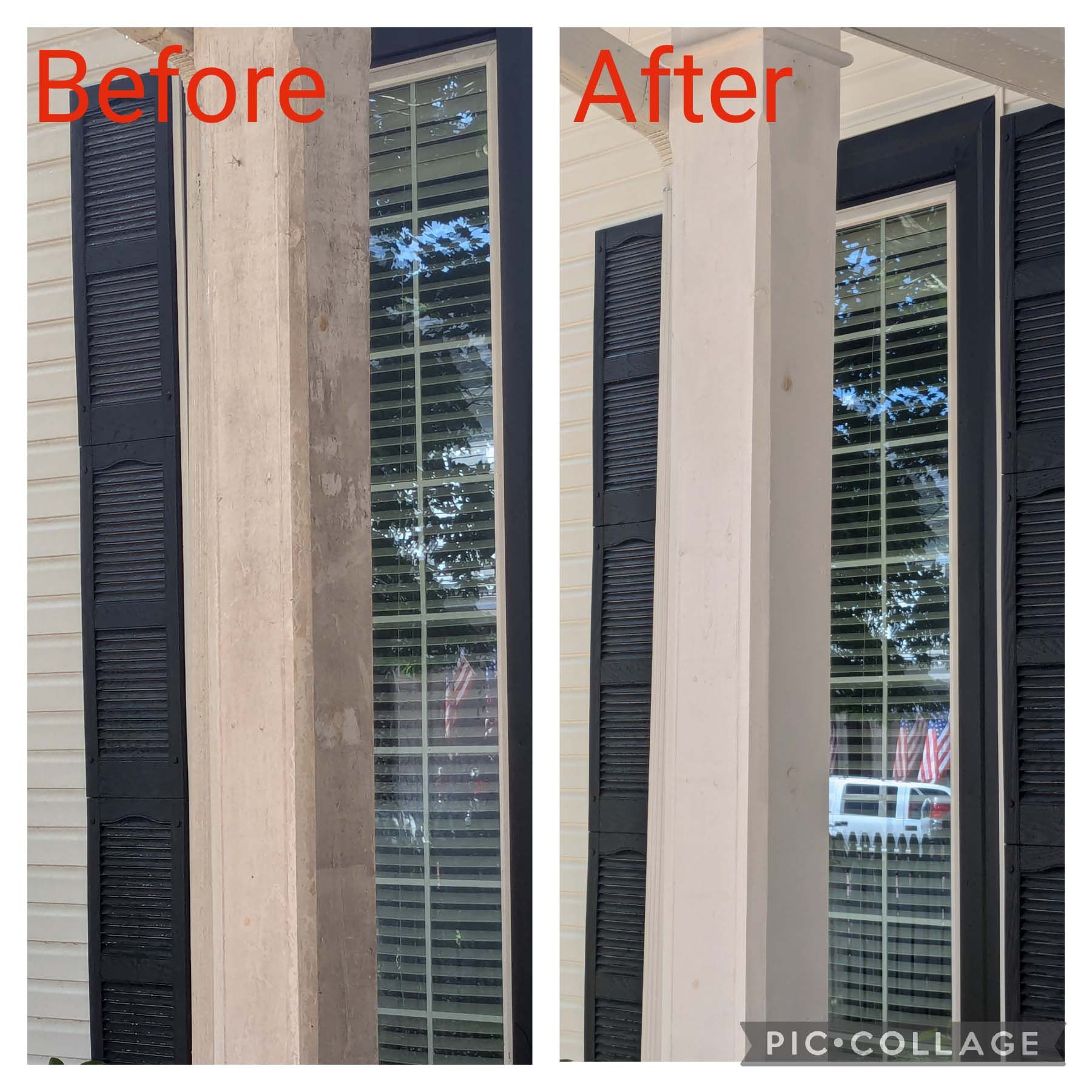 Before-and-after collage of a window with black shutters and blinds, showing a brighter exterior after view.