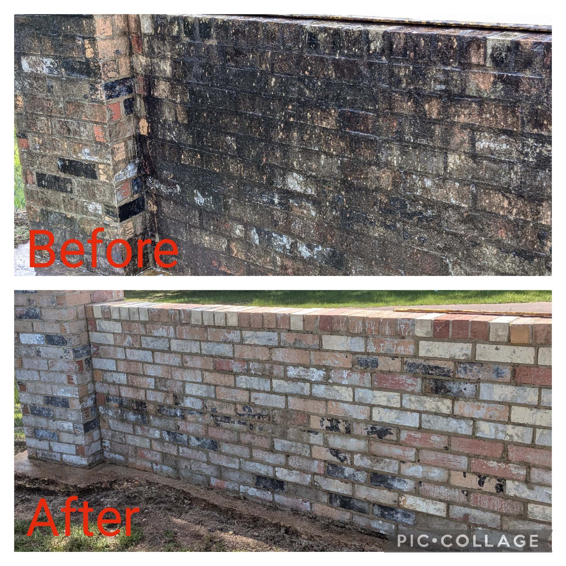 Brick wall restoration comparison: dark weathered wall before, cleaned light brick wall after.