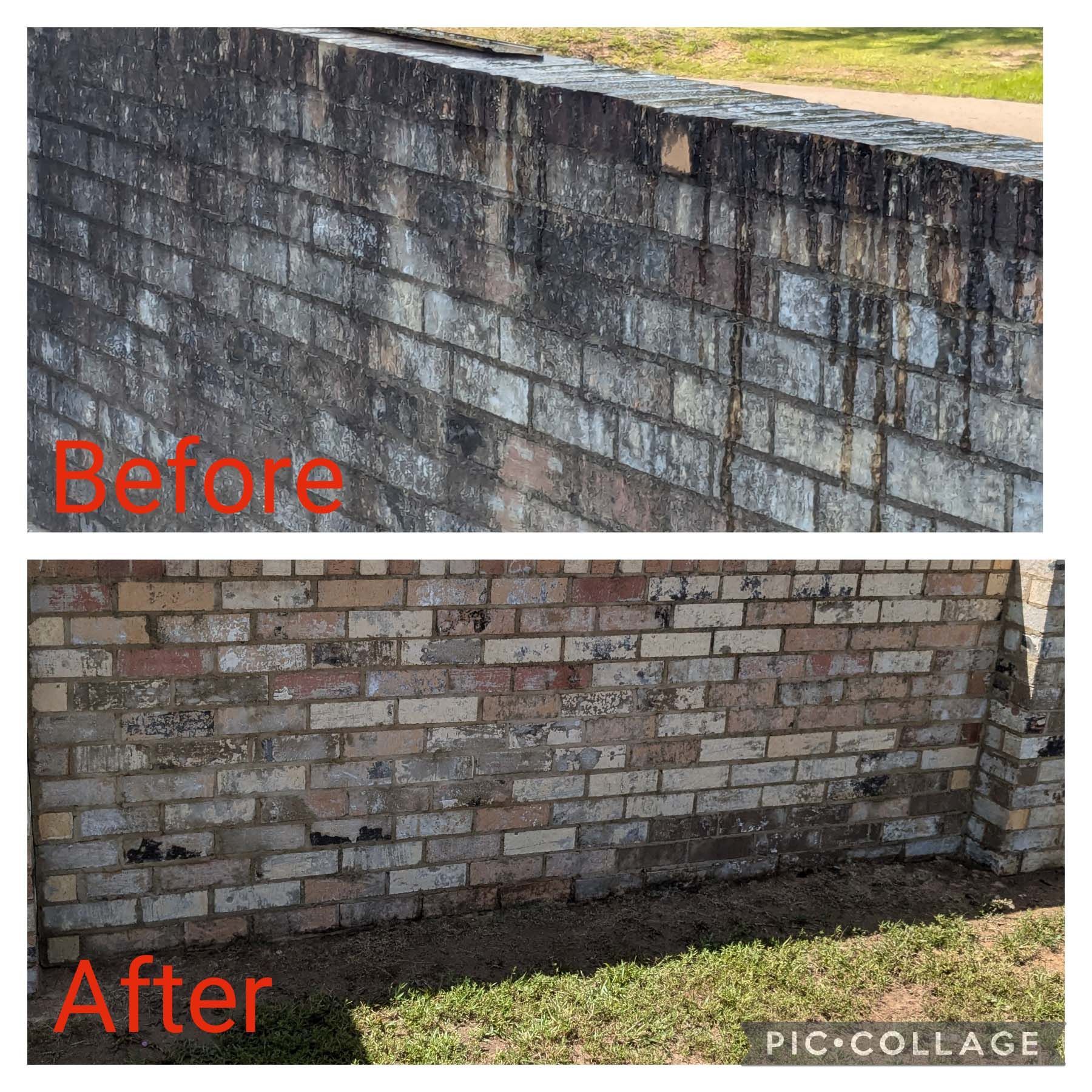 Before-and-after of a retaining wall cleaned, showing dark stained bricks changed to lighter exposed brick.