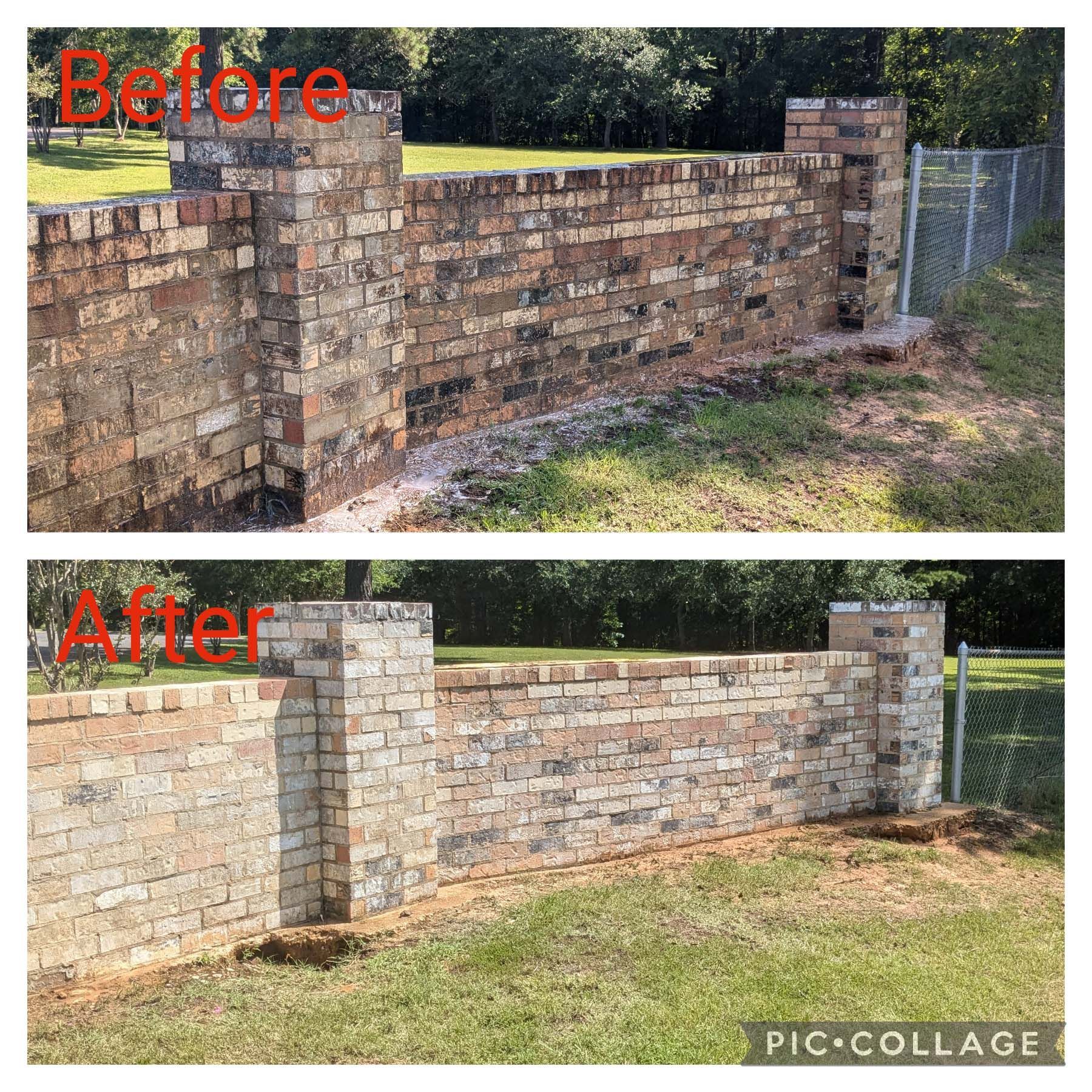 Before-and-after of a repaired brick wall, showing darker original brick above and lighter cleaned brick below.