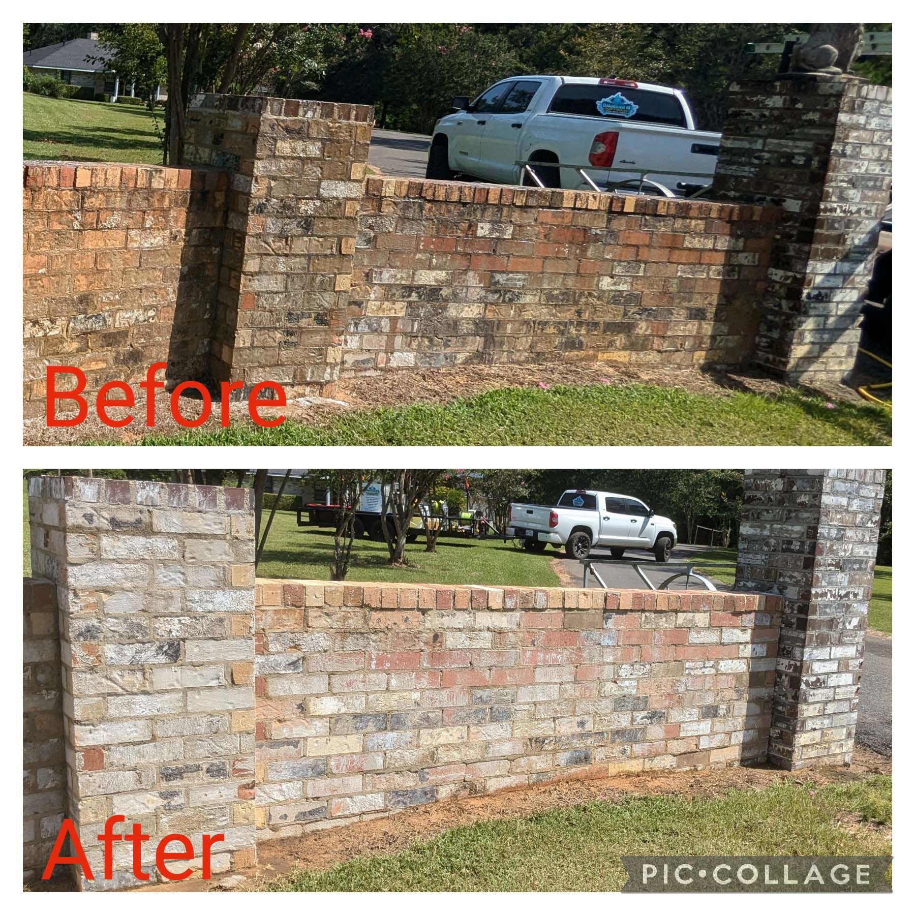 Stone wall before and after restoration, showing cleaned masonry and repaired sections outdoors.