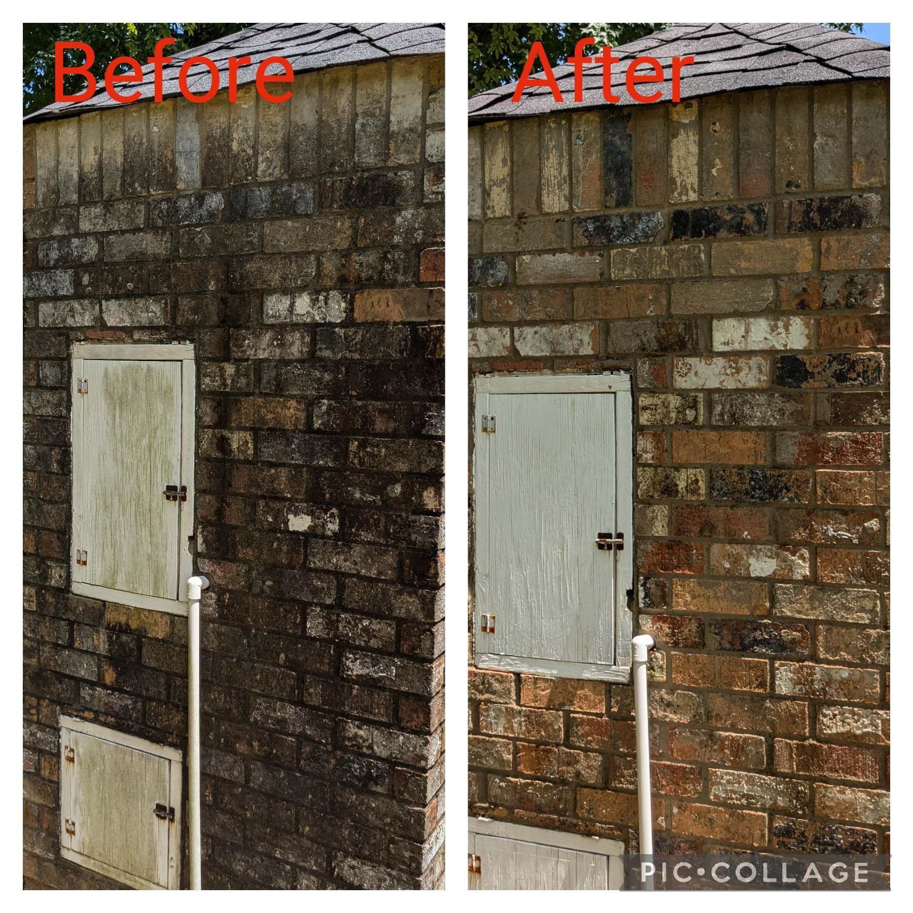 Before-and-after of a brick wall and door cleaned, with “Before” and “After” labels.