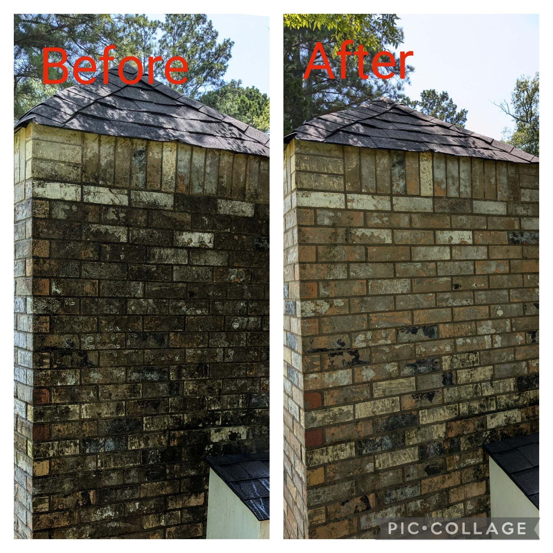 Before-and-after photo of a brick wall showing heavy black staining cleaned to a lighter, cleaner surface