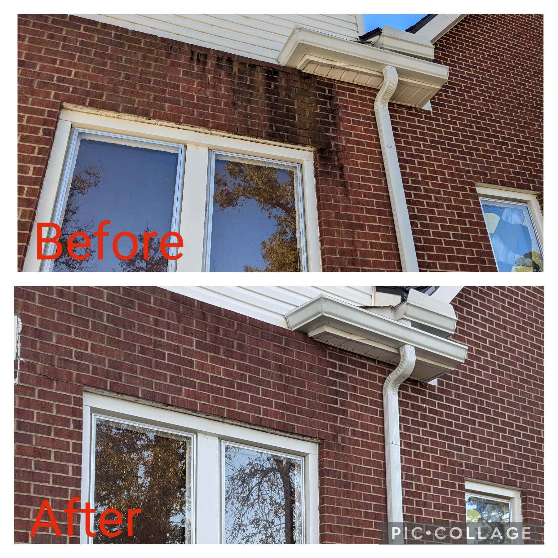 Before-and-after of a brick house window and white gutter repair, showing cleaner trim and caulking.