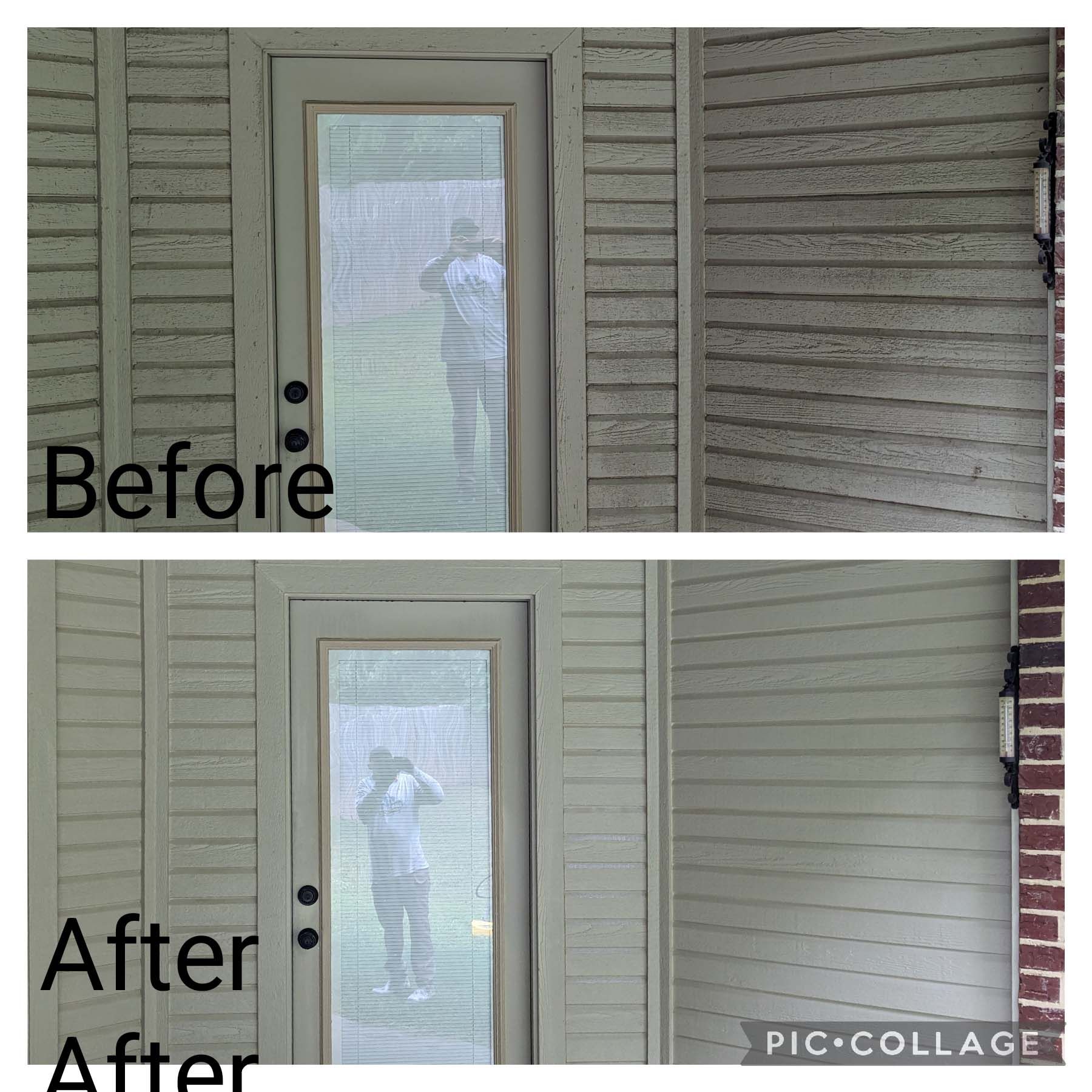 Before-and-after collage of a front door and porch siding, showing a cleaner, brighter exterior after painting.