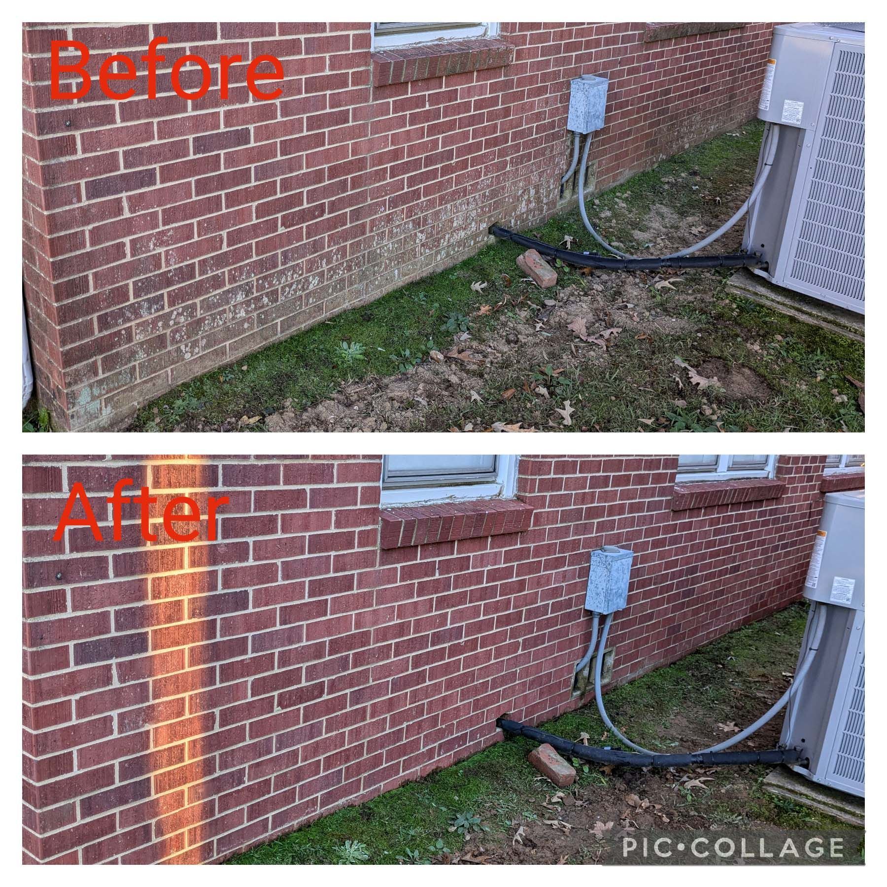 Before-and-after collage of a brick house wall, showing repaired damage near the foundation.