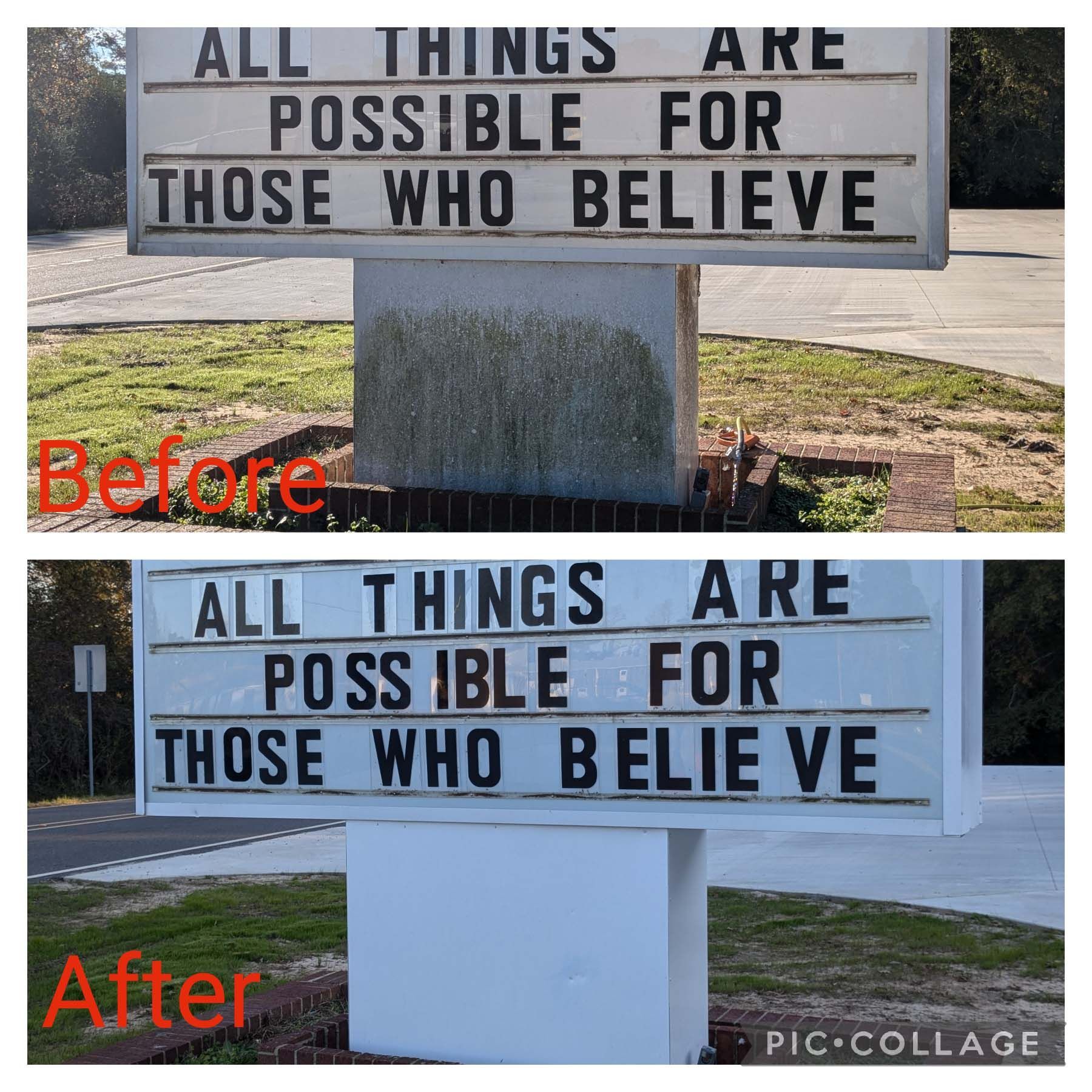 Before-and-after sign cleaning: faded black text on a stone sign becomes clearer and brighter white.