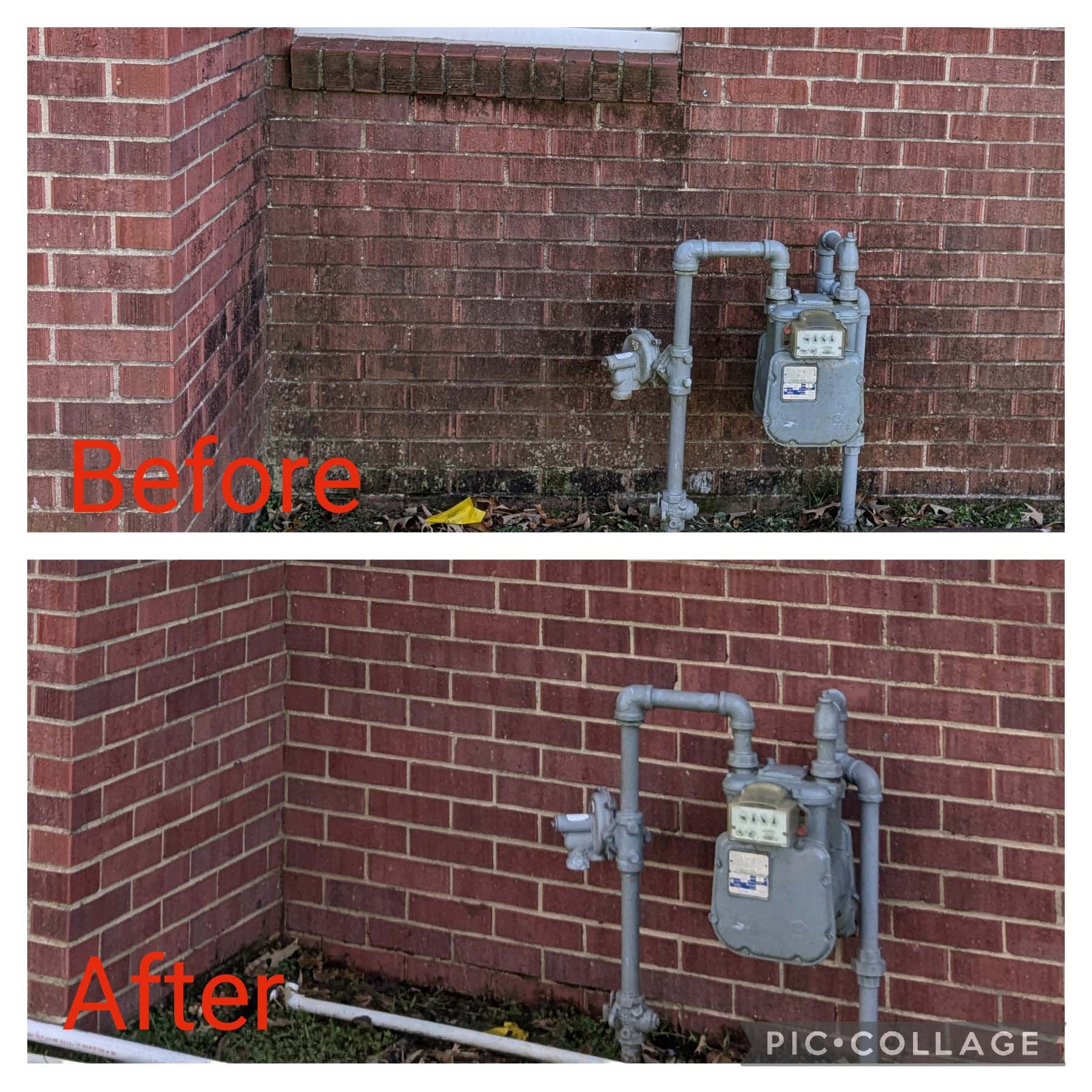Before-and-after of brick wall gas meter repair, with exposed pipes cleaned up and repositioned.