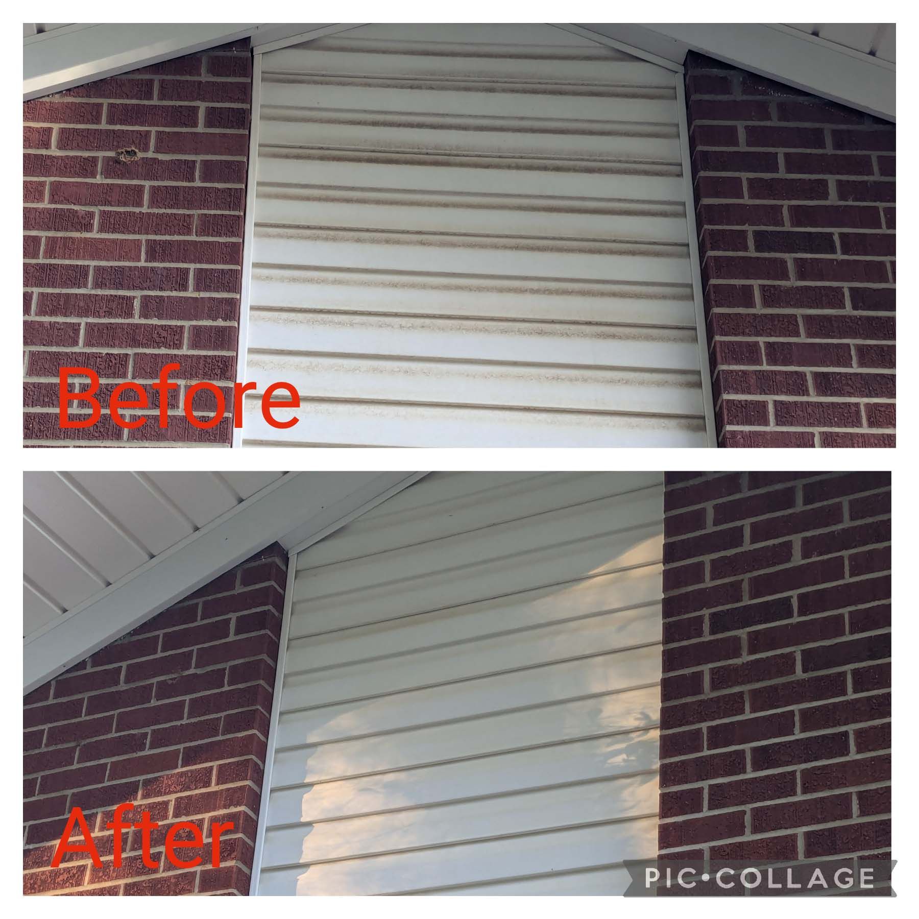 Before-and-after photos of a white exterior wall panel cleaned between red brick walls.
