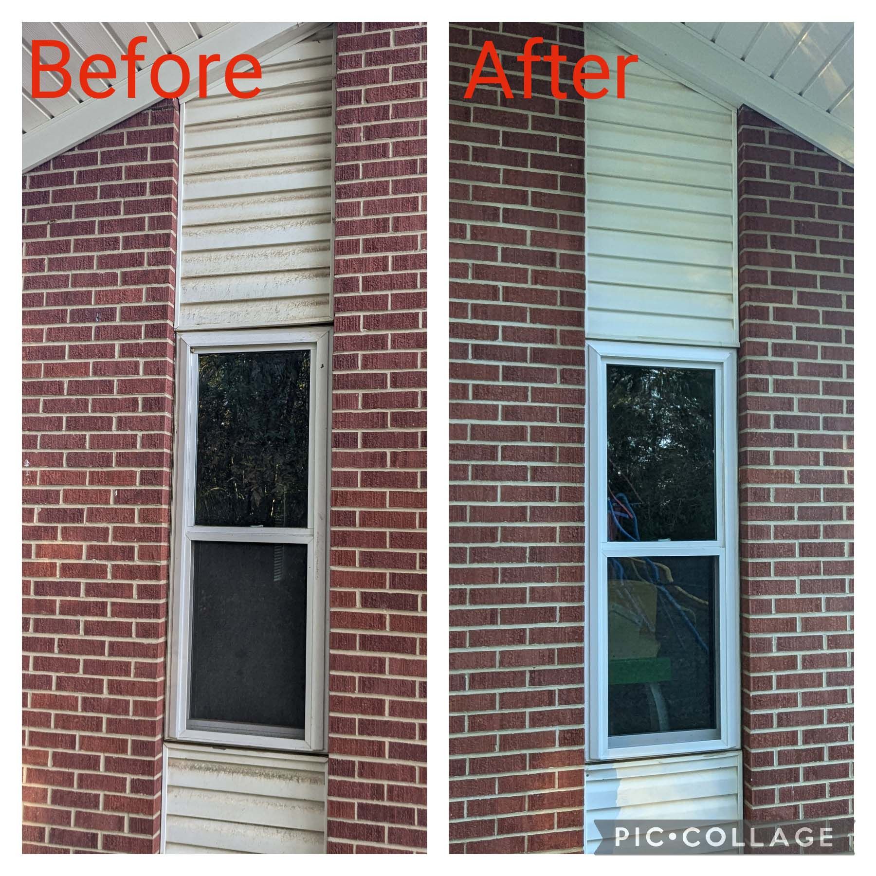 Before-and-after collage of a brick house window and siding, showing painted trim and a cleaner look.