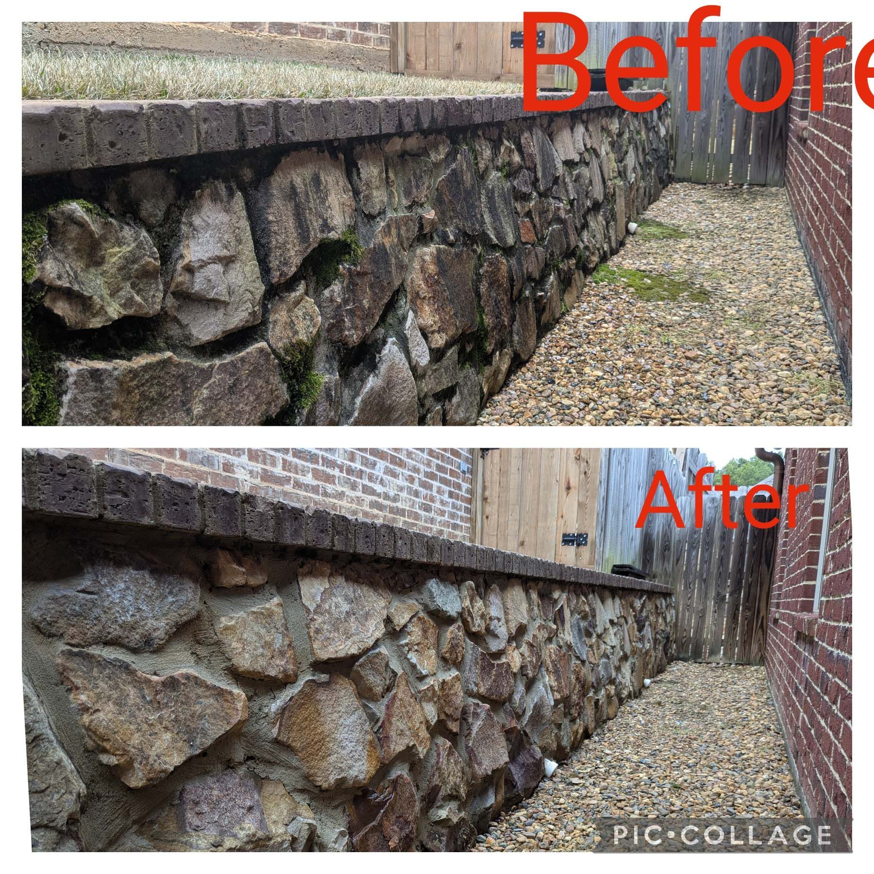 Before-and-after photos of a repaired stone retaining wall beside a walkway, with red “Before” and “After” labels.