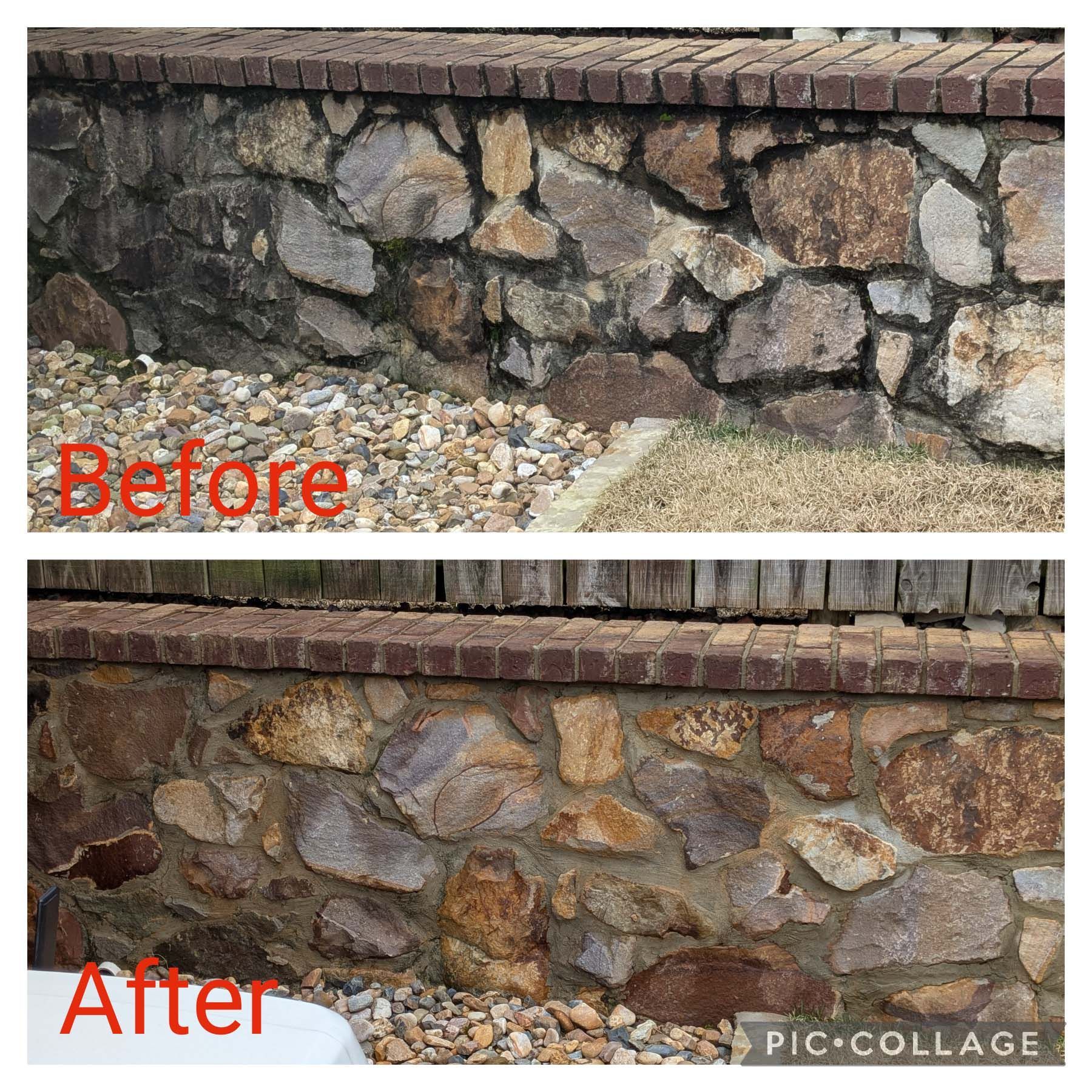 Before-and-after of a stone retaining wall, showing cleaned and restored rocks with red “Before” and “After” labels.