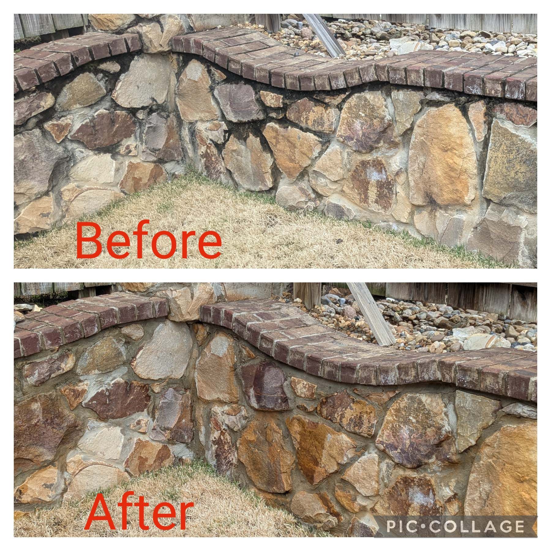 Before-and-after comparison of a repaired stone retaining wall with red brick cap.