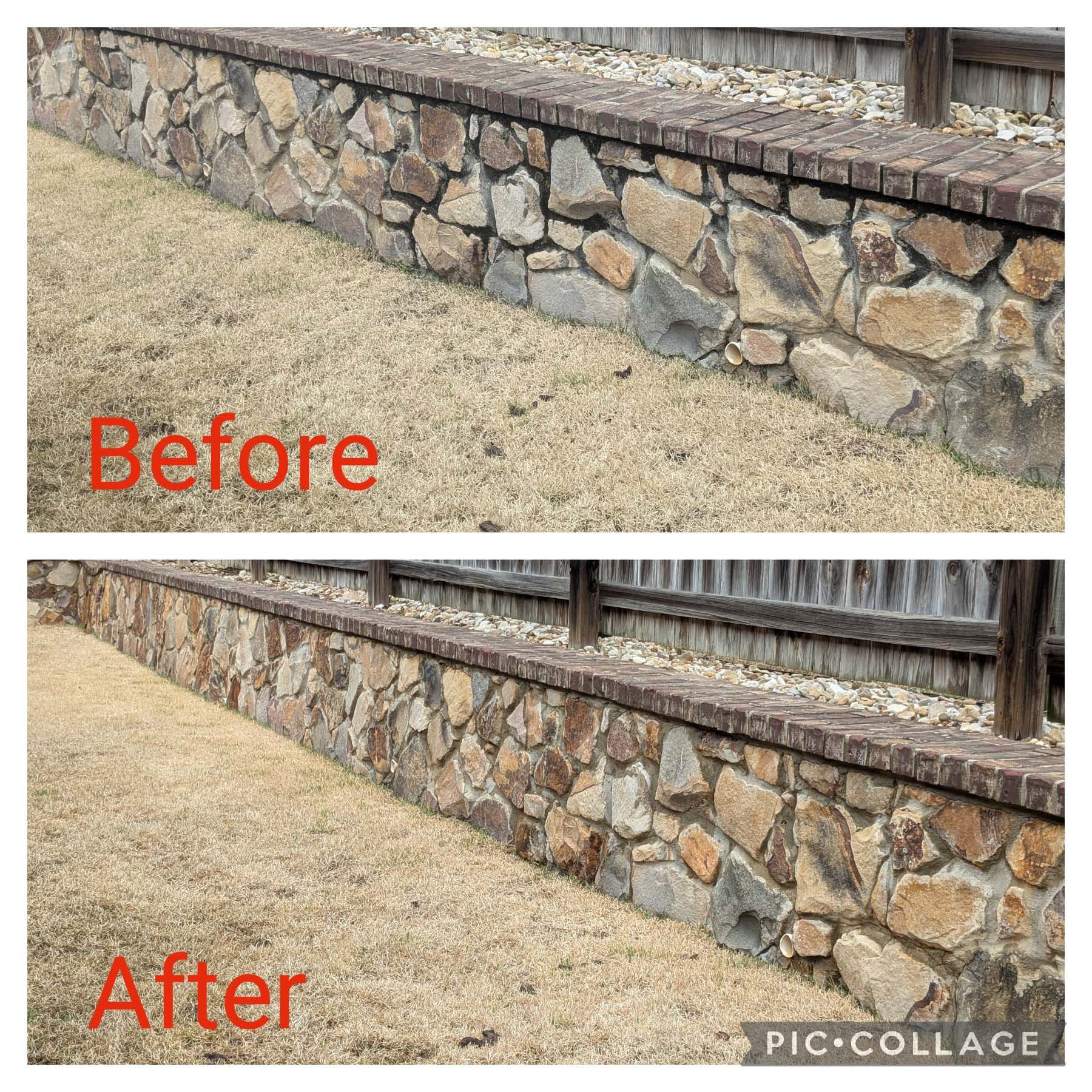 Before-and-after of a stone retaining wall with added mortar, showing improved appearance.