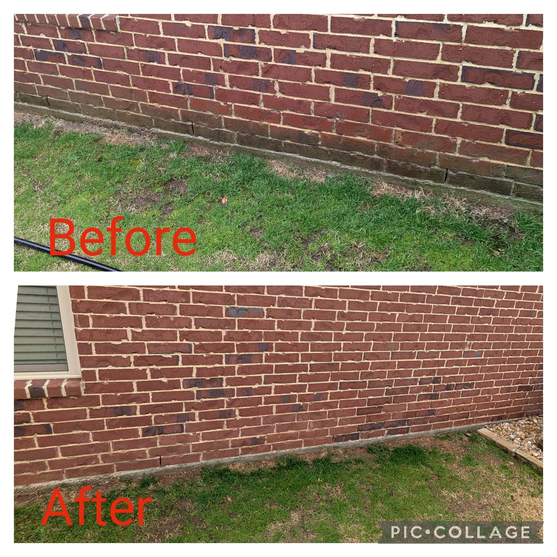 Before-and-after collage of a red brick wall and grass area, showing the wall cleaned and brighter.