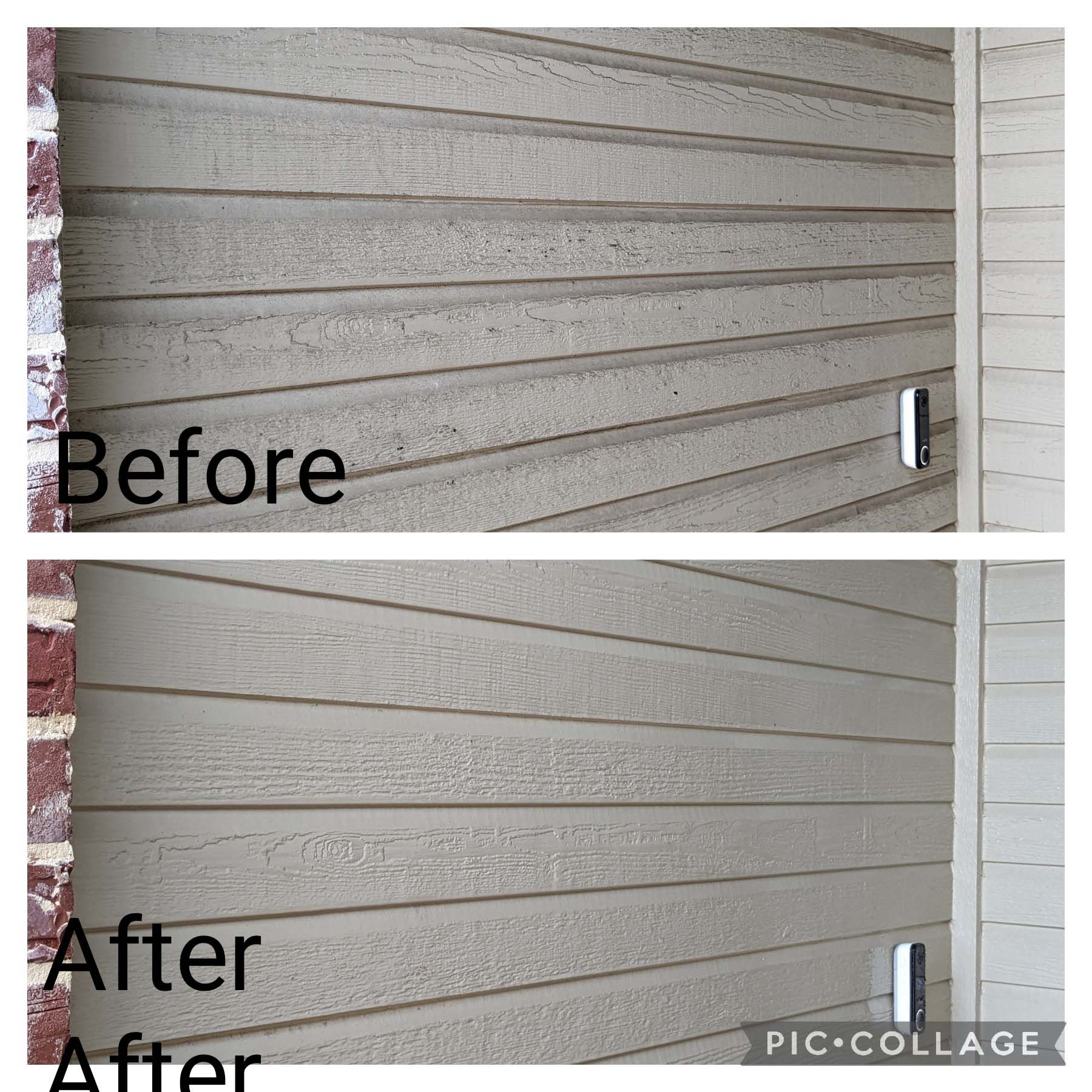 Before-and-after of a beige garage door cleaned, showing dirt removed from the panels.