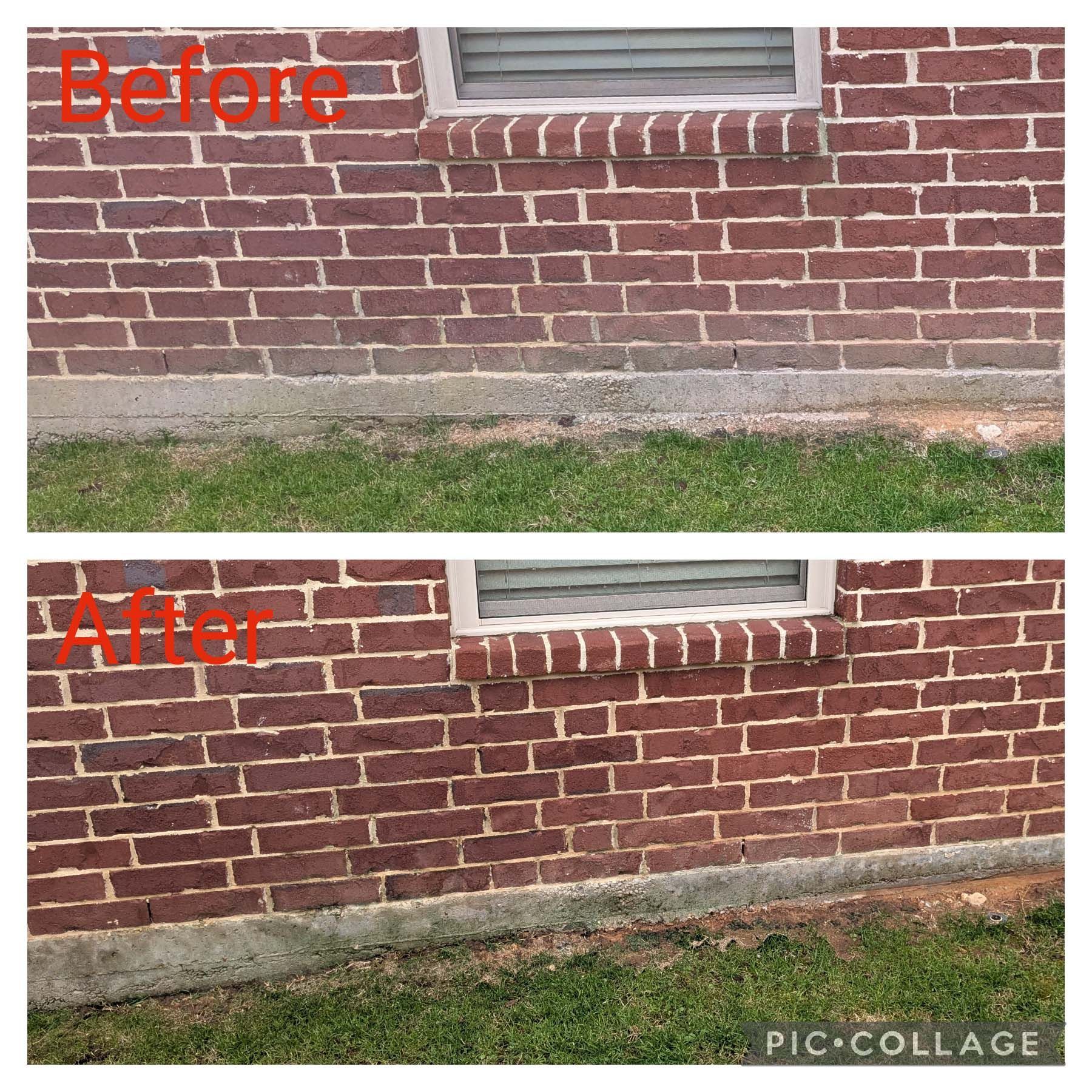 Before-and-after of a brick house wall, showing cleaned brick and concrete below a window.