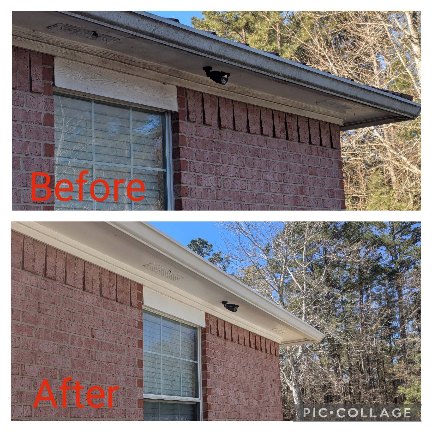 Split before-and-after photos of a house roof eave, showing repaired soffit damage above a brick wall.