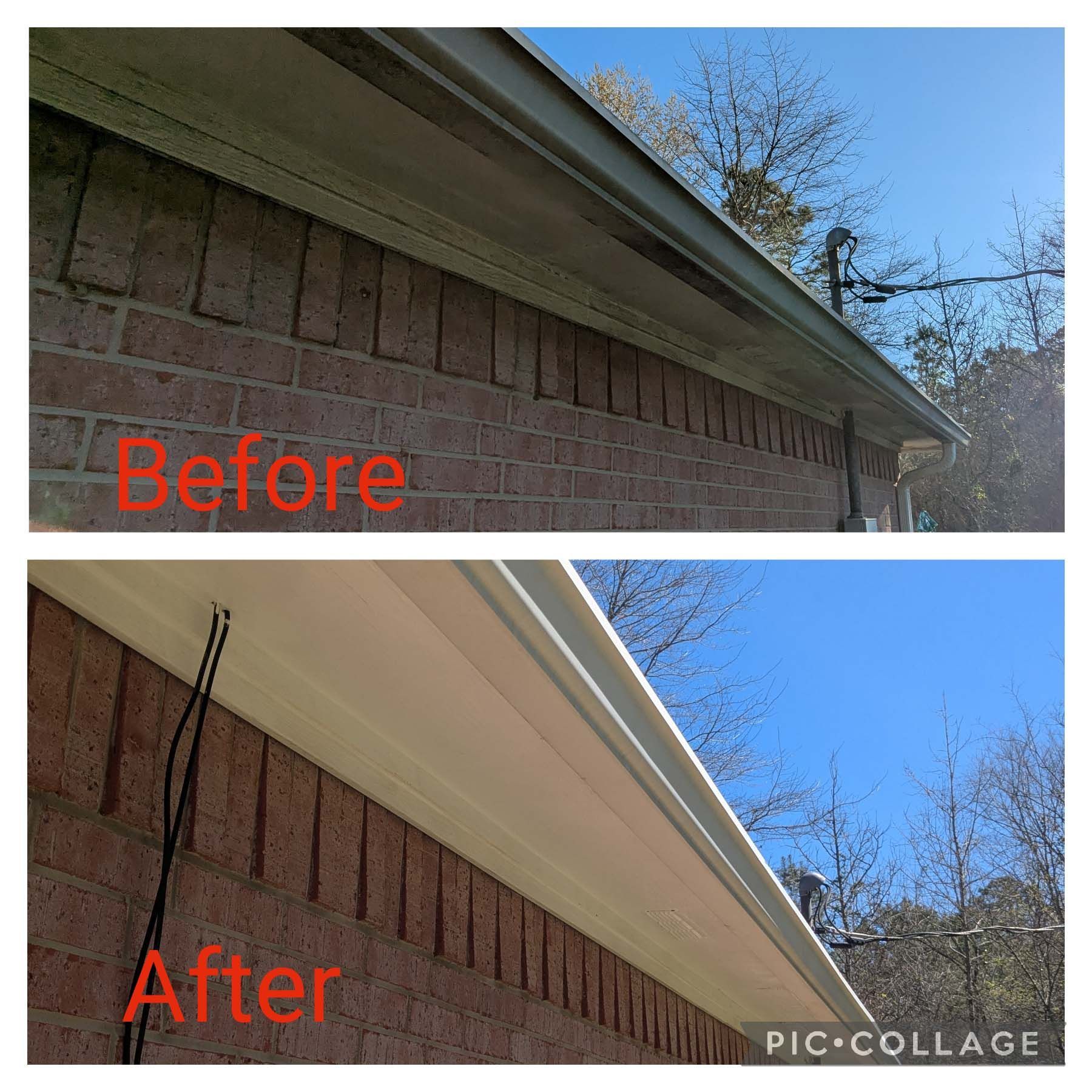 Before-and-after collage of a house roofline with cable rerouting and a cleaner soffit.
