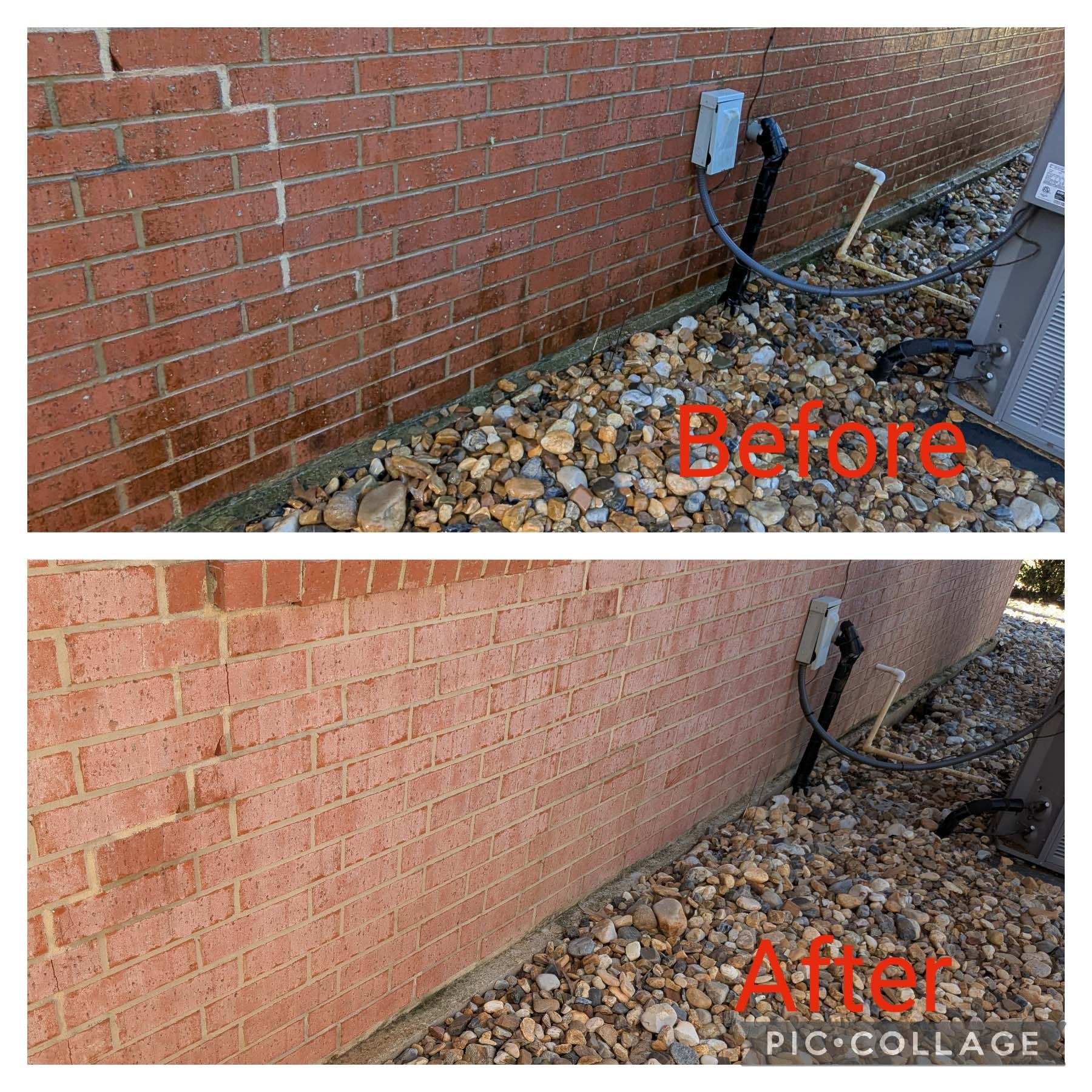 Before-and-after of a brick wall and gravel bed cleaned of dirt and stains.