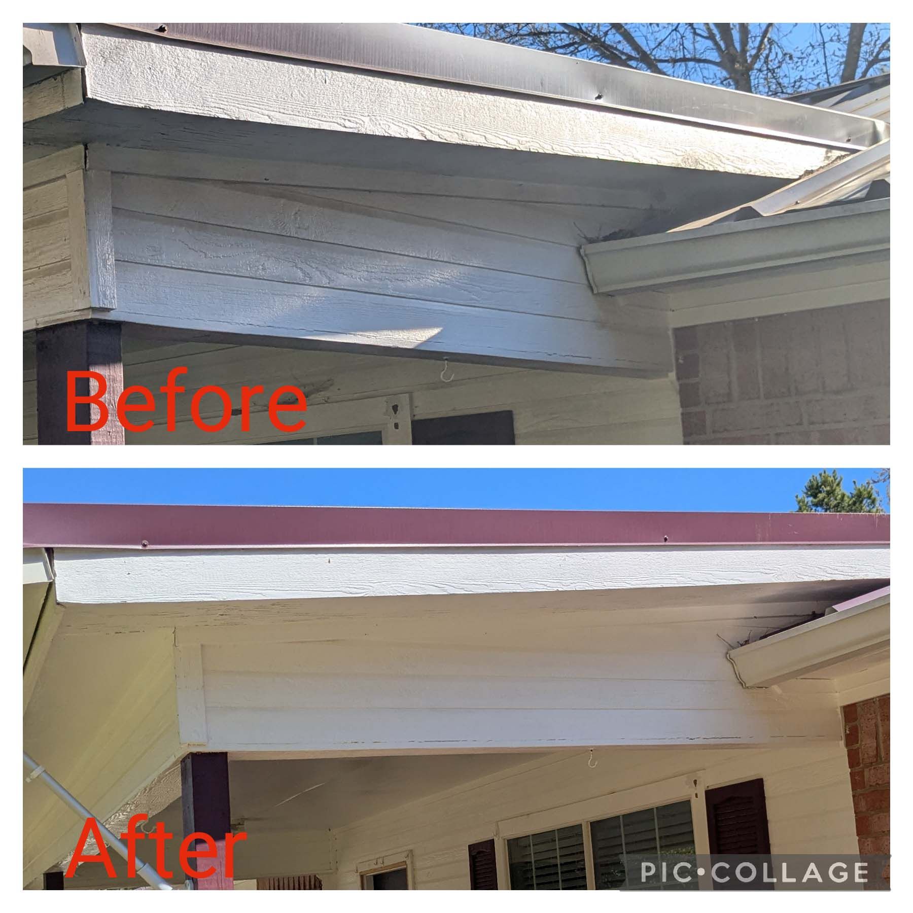 Before-and-after of a white house eave repair, showing peeling paint fixed and repainted white.