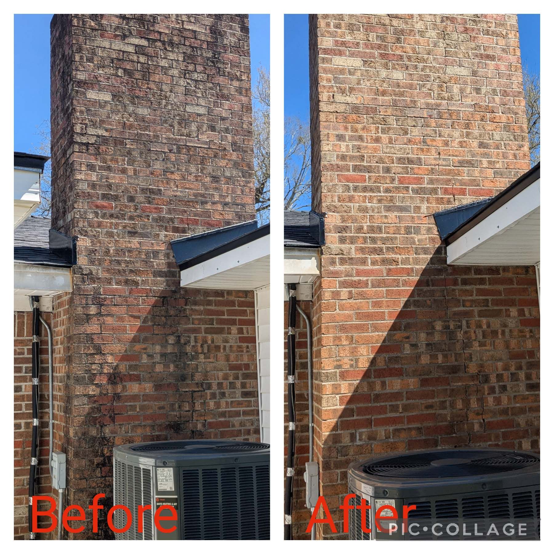 Before-and-after view of a brick chimney exterior, showing cleaning or restoration results.