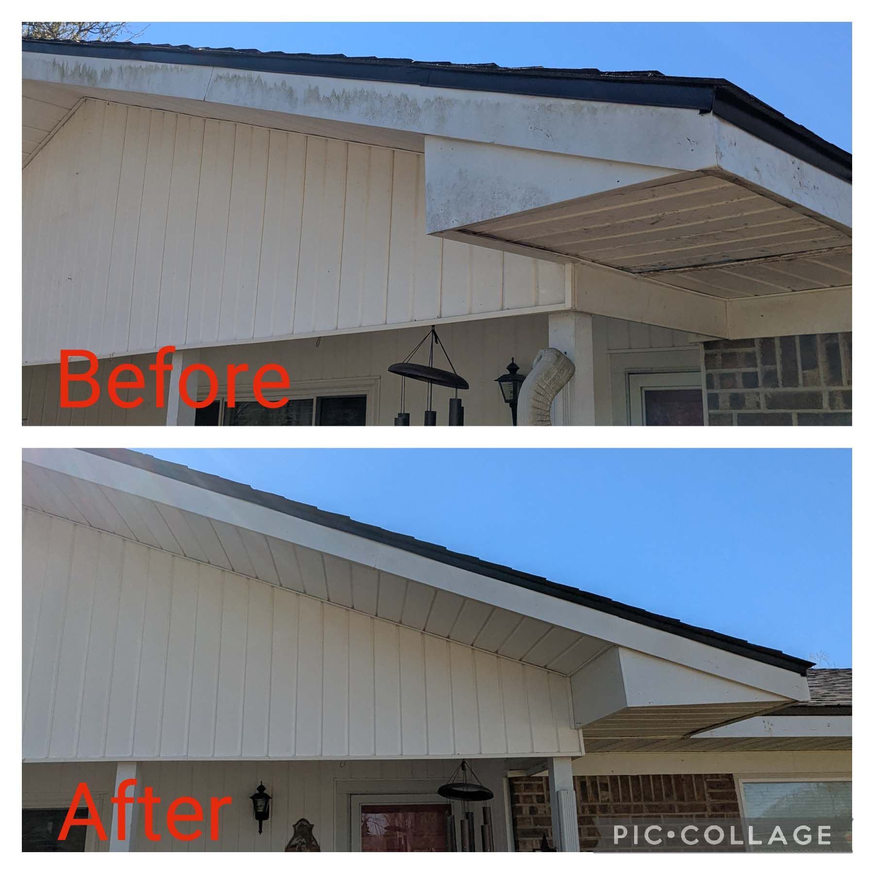 Before-and-after exterior of a house roof eave repair, showing a cleaner white fascia and soffit.