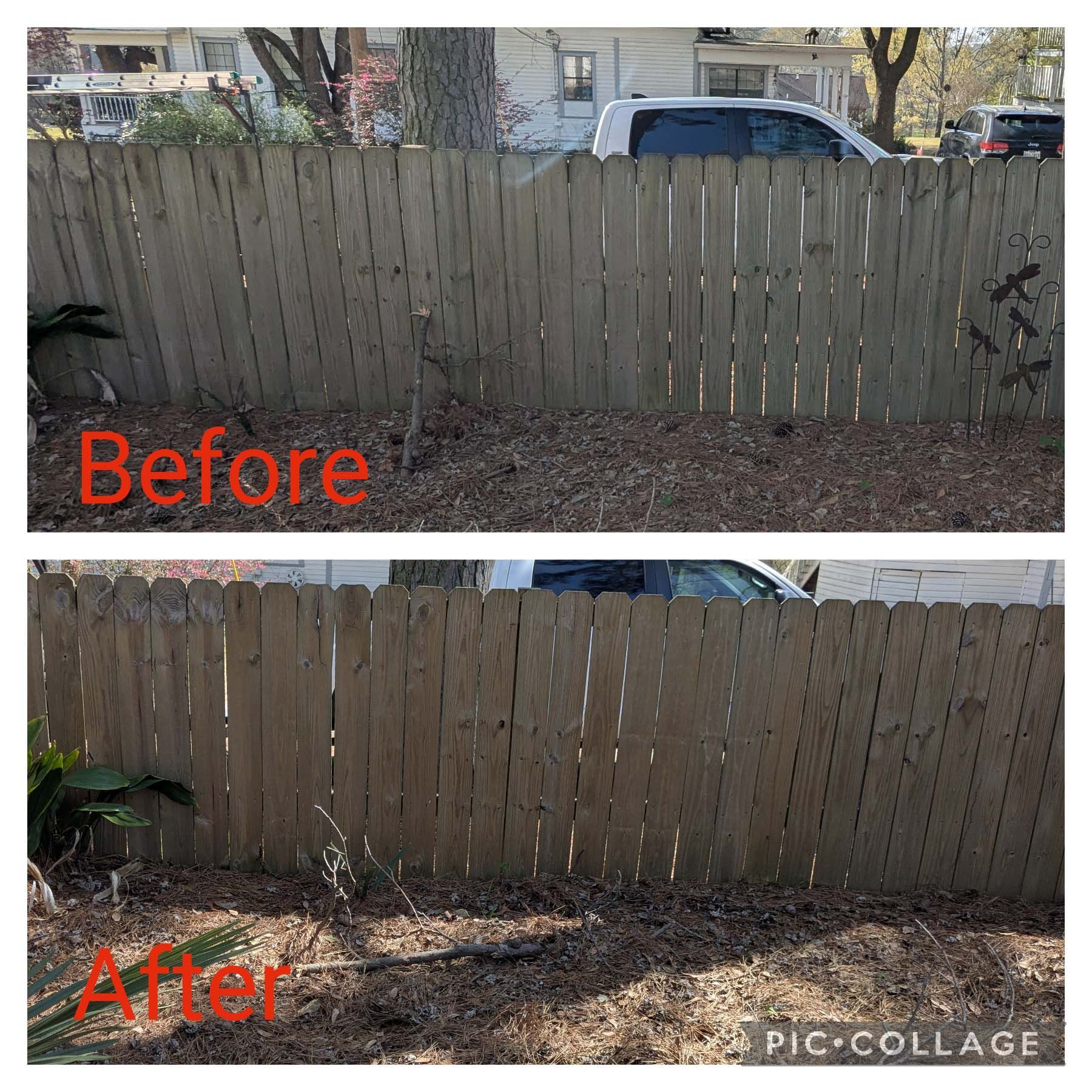 Backyard fence before and after: overgrown ground cleared to bare dirt and leaves removed